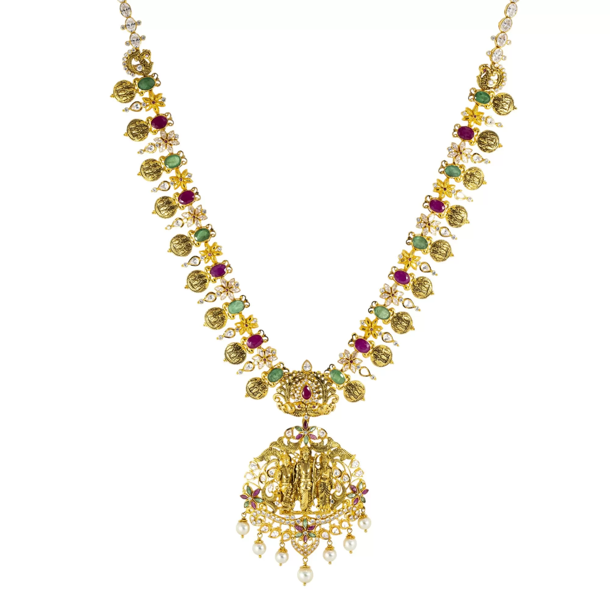 22K Antique Gold, Emerald, Ruby, Pearl, and CZ Temple Necklace (95.5gm)