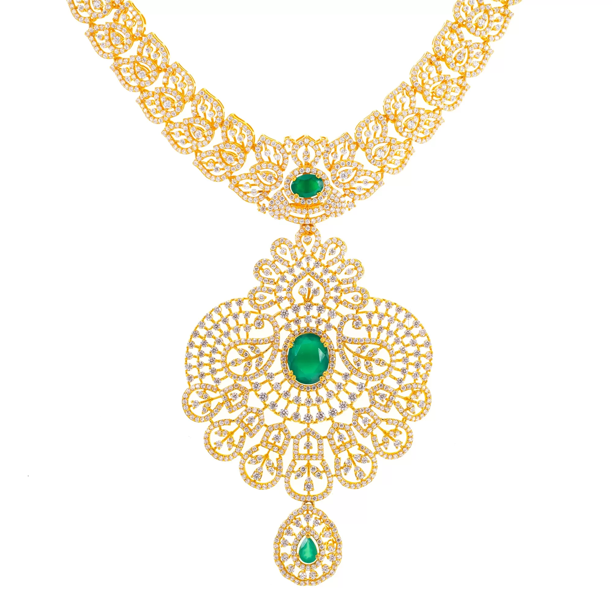 22K Yellow Gold, Emerald & CZ Necklace (104.4gm)