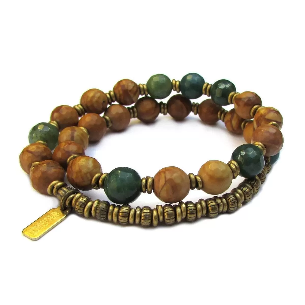 Abundance and Protection 27 Bead Wrap Mala Bracelet, Moss Agate and Jasper