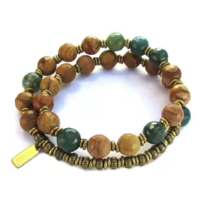 Abundance and Protection 27 Bead Wrap Mala Bracelet, Moss Agate and Jasper