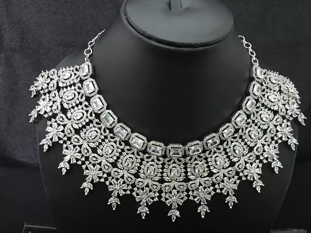 American Diamond Cluster White Elegant Bridal Necklace With Earrings