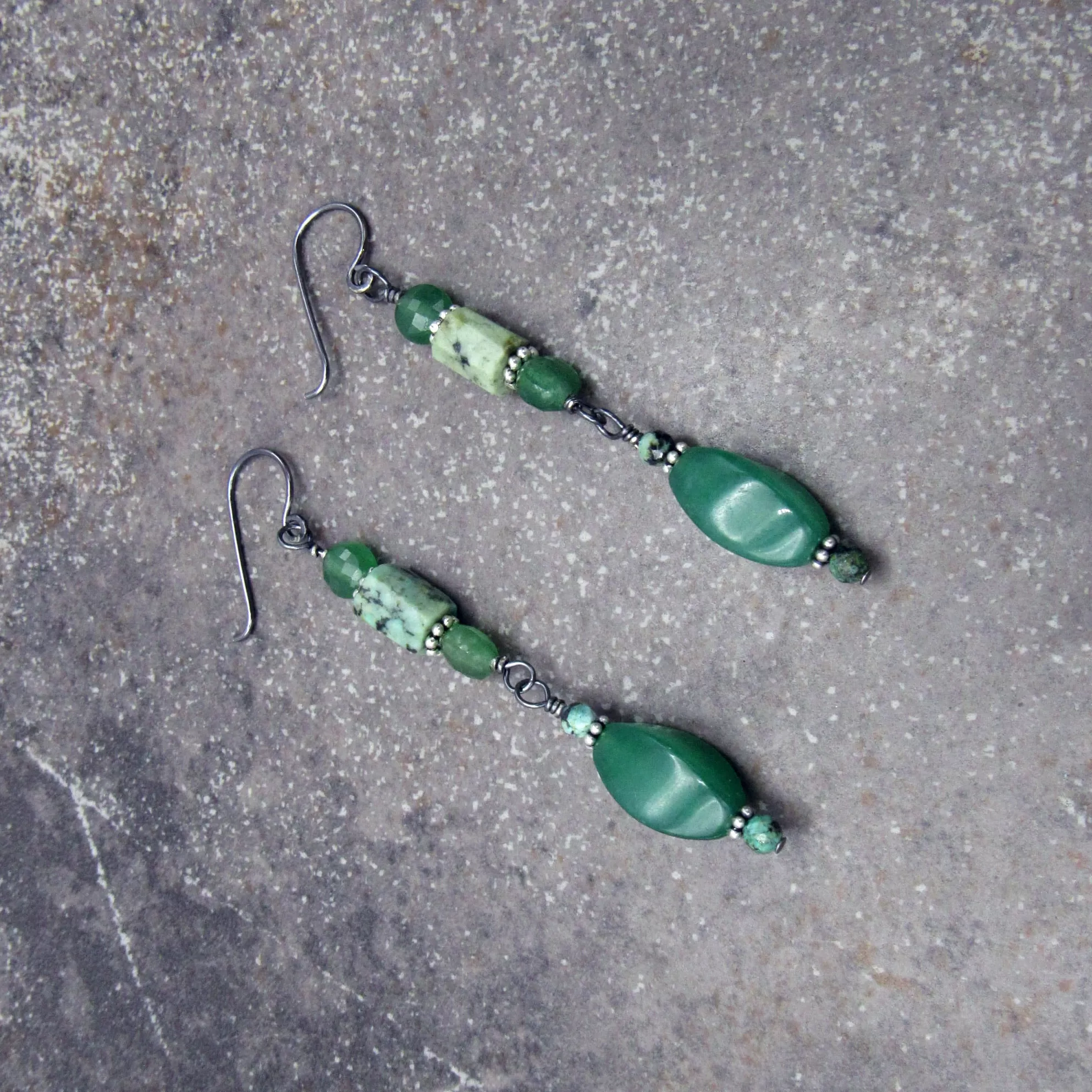 Aventurine, African Turquoise, and Oxidized Sterling Silver Drop Earrings