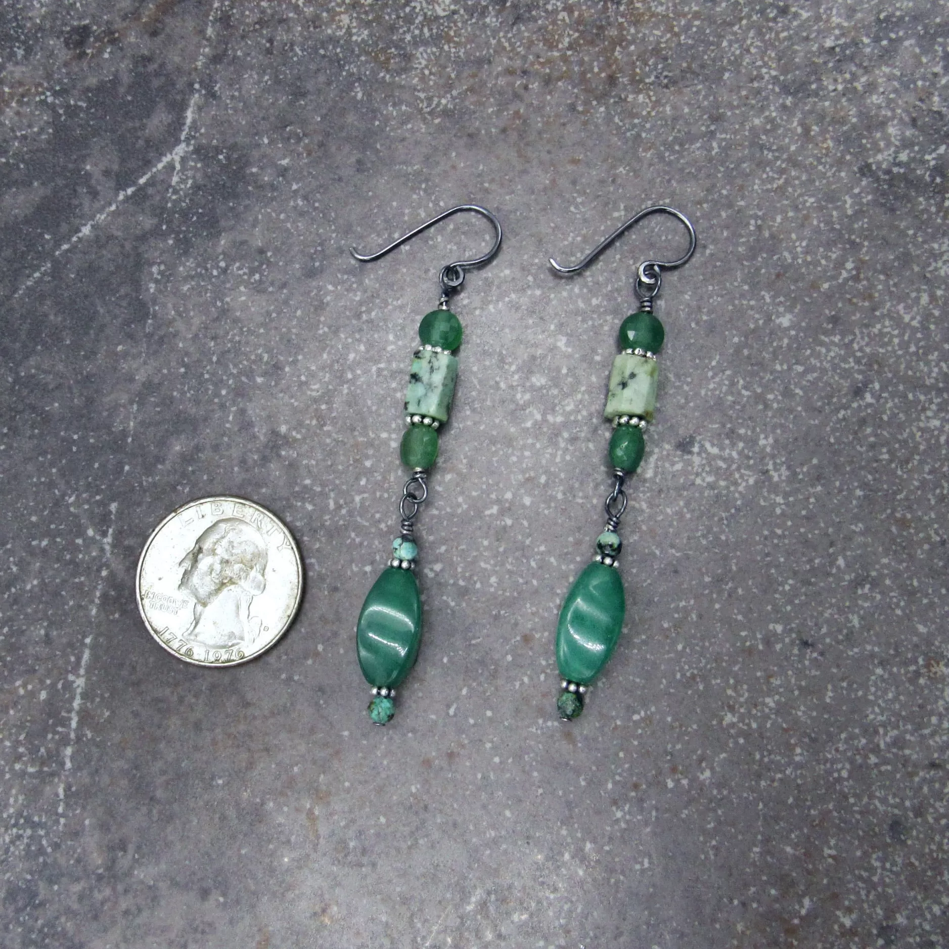 Aventurine, African Turquoise, and Oxidized Sterling Silver Drop Earrings