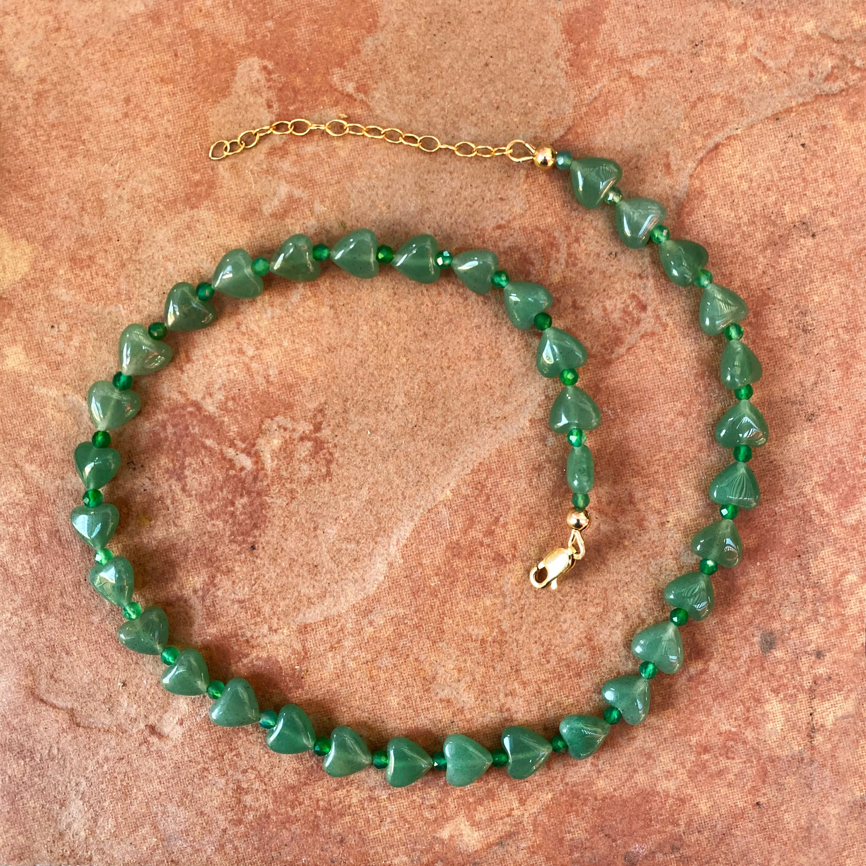 Aventurine Heart & Green Onyx, 14 kt gold filled Choker necklace