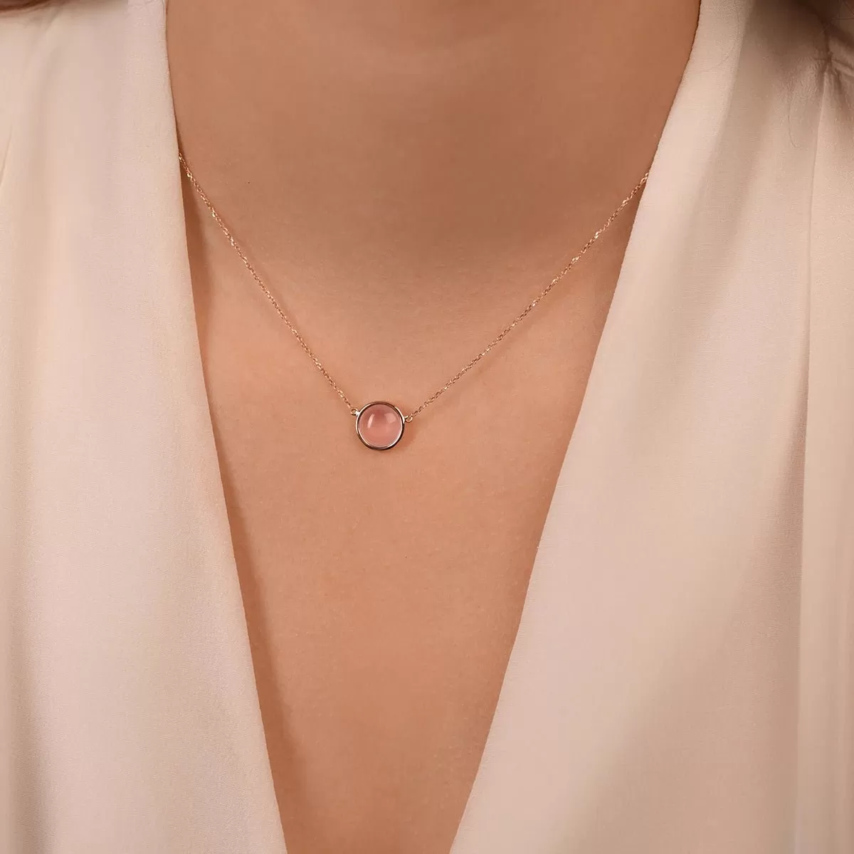 Bezel Set Rose Quartz Station Necklace in Solid 14k Rose Gold