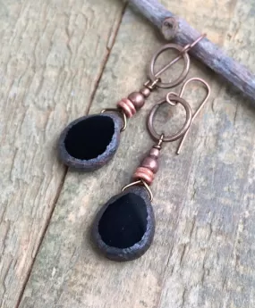 Black Czech Glass Teardrop Earrings, Black Drop Earrings