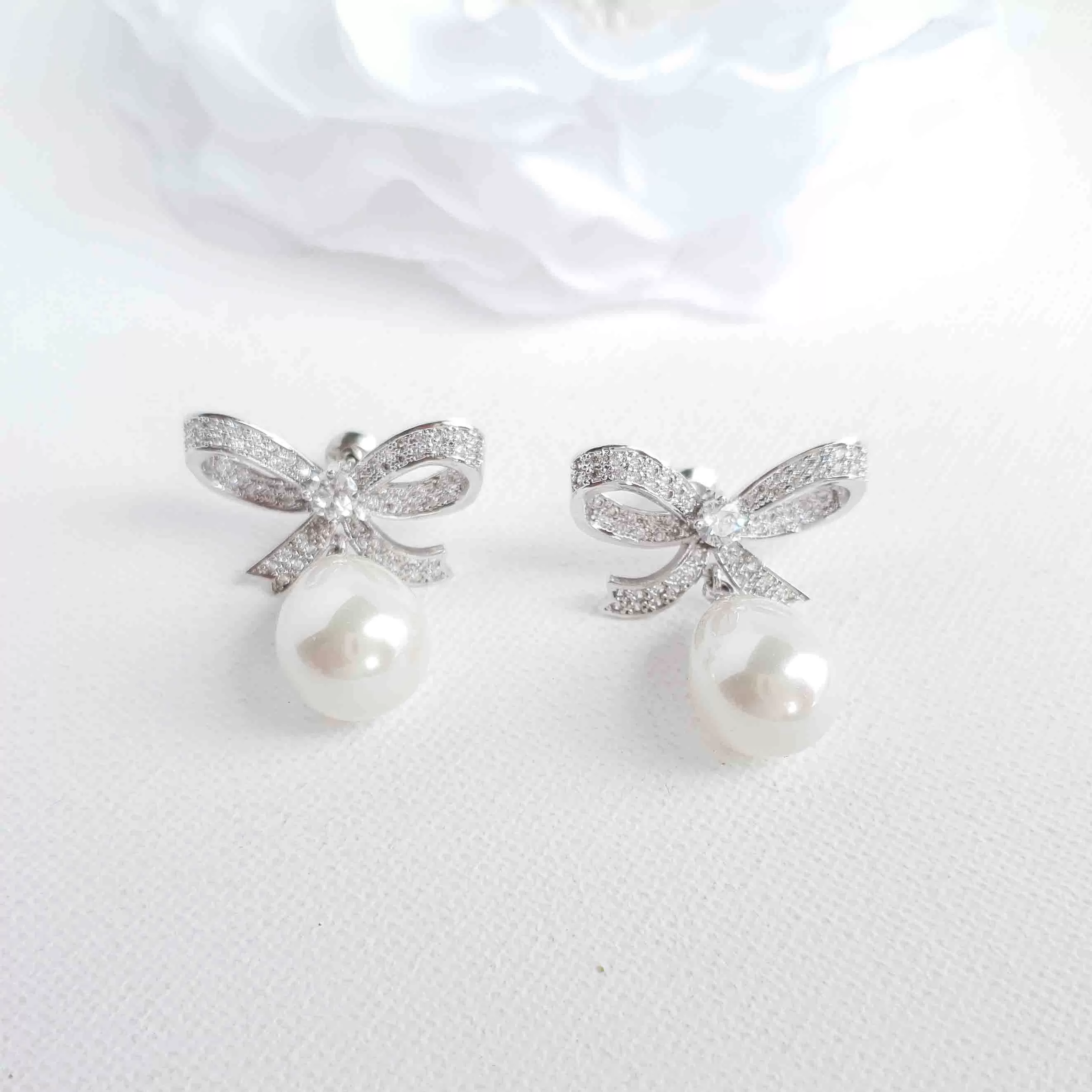 Bow Earrings with Pearl Drops-Delilah