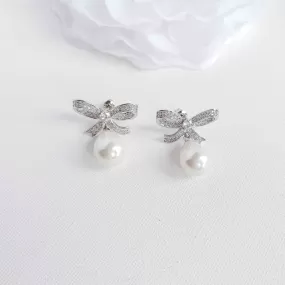 Bow Earrings with Pearl Drops-Delilah