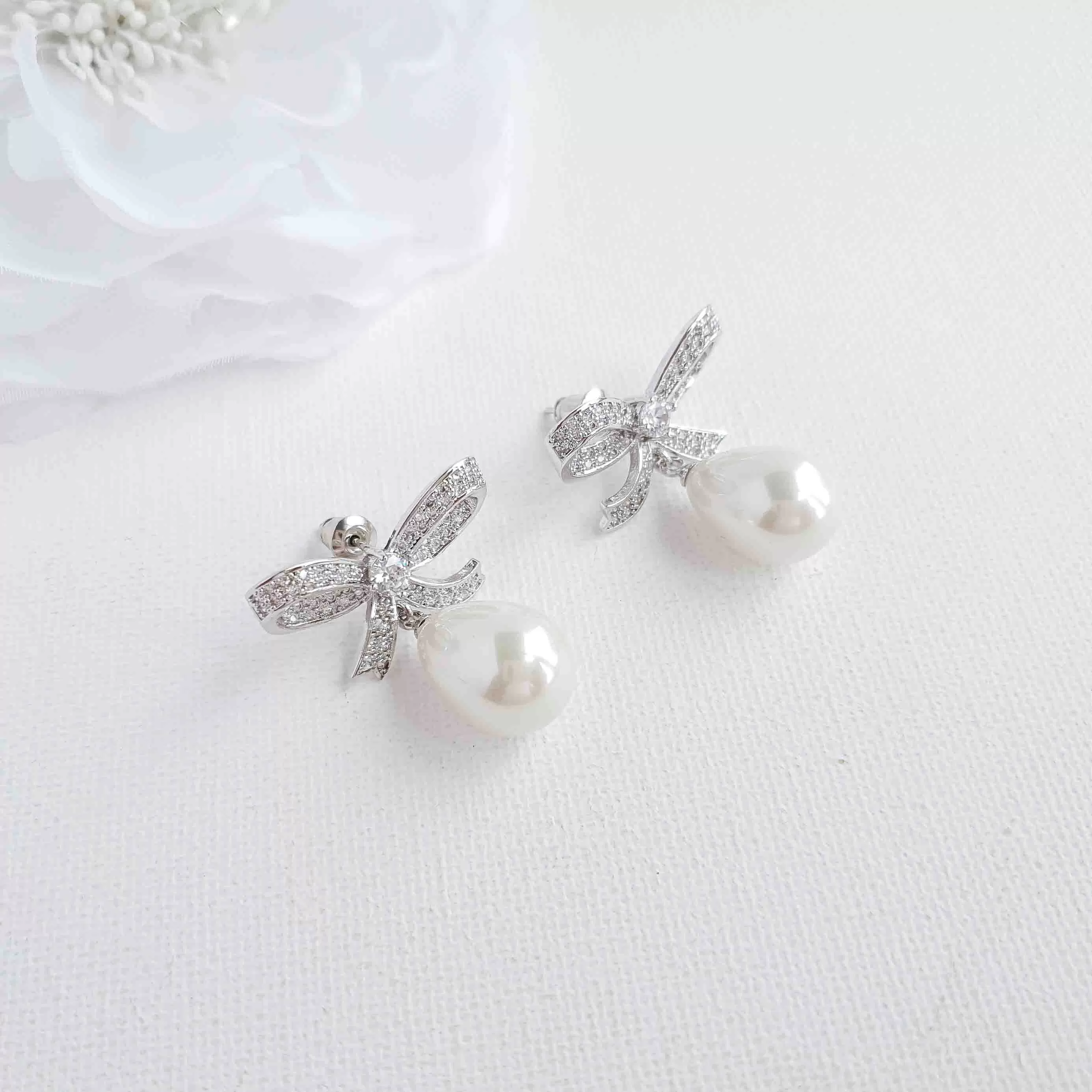 Bow Earrings with Pearl Drops-Delilah