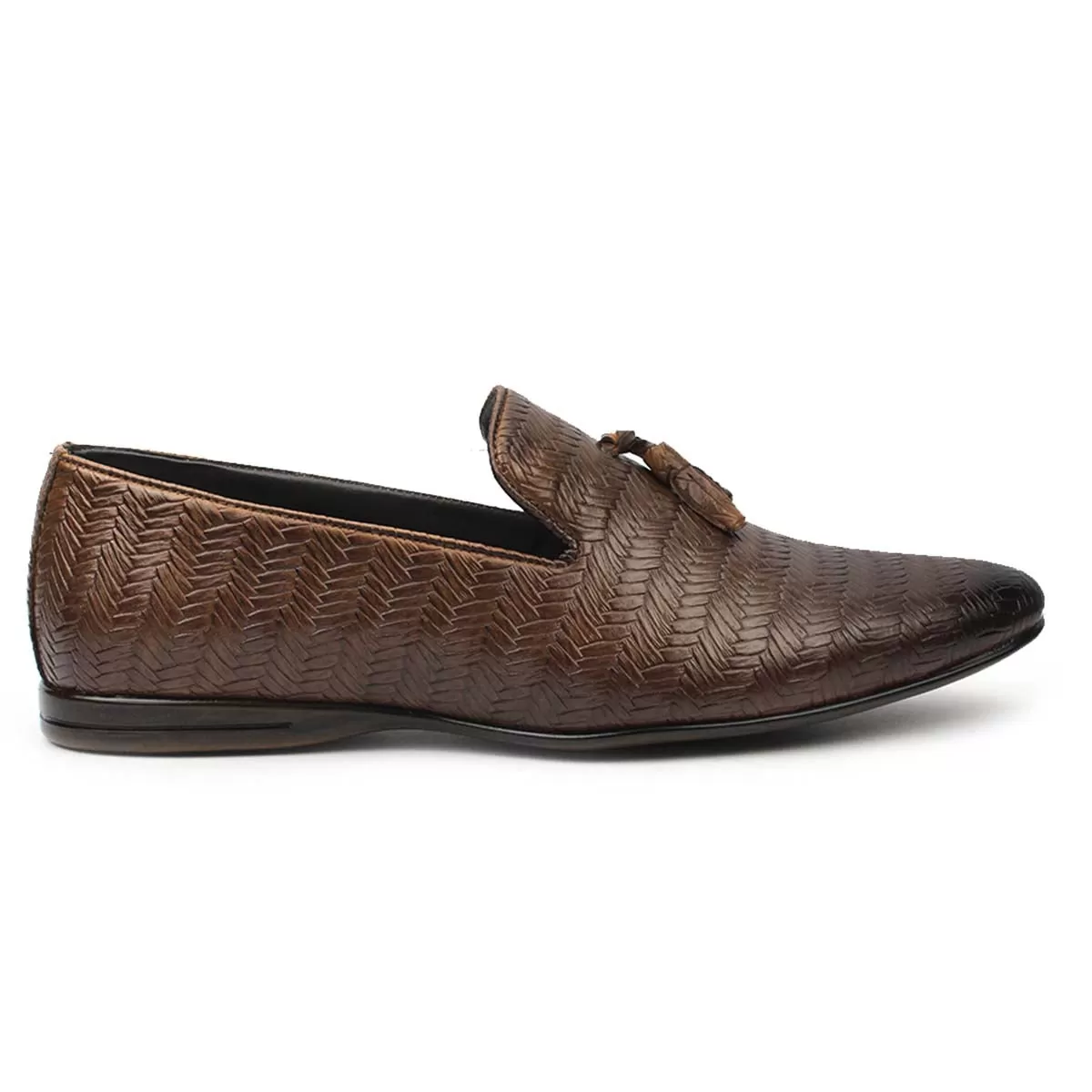 Brown Textured Tassel Loafers