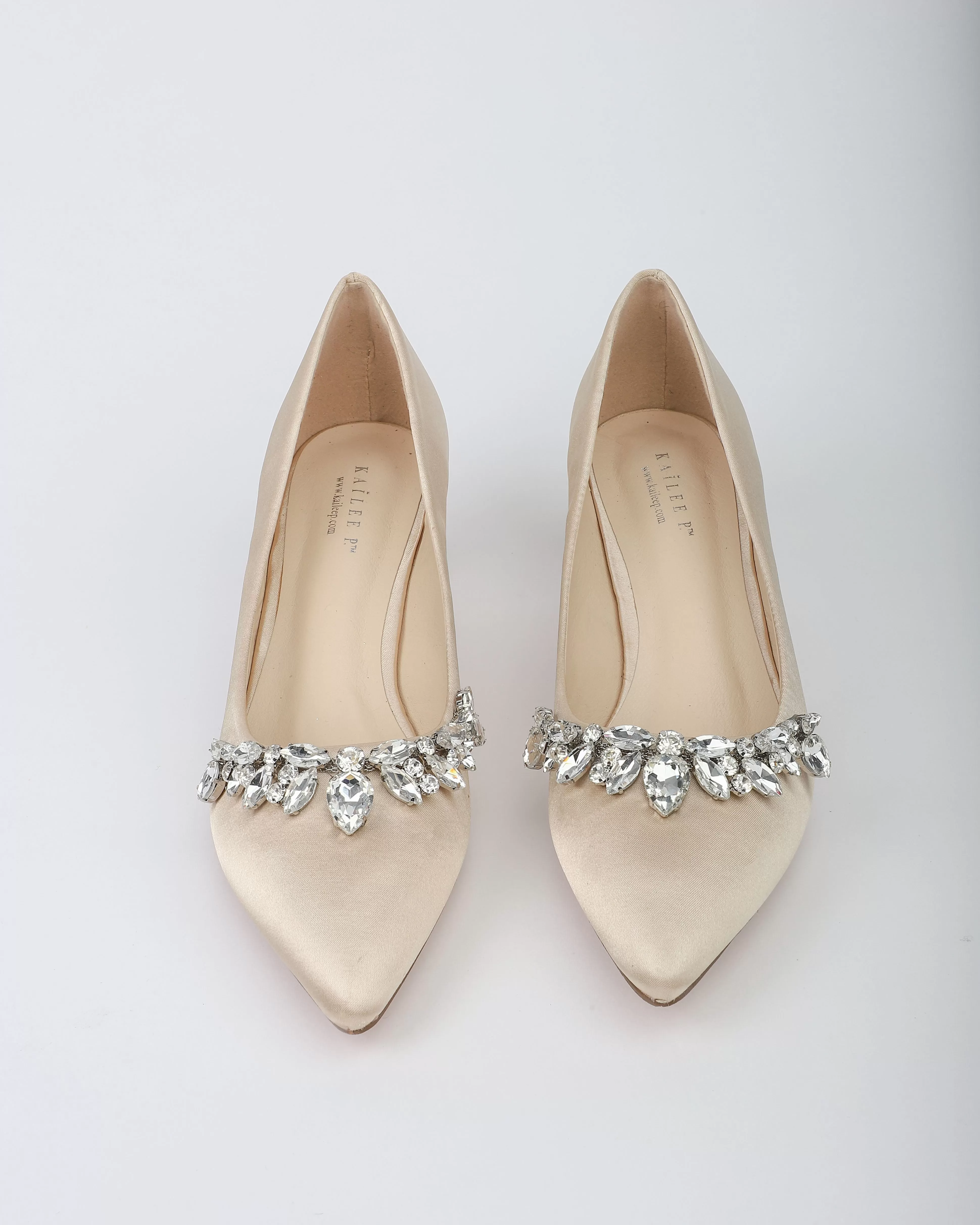 Champagne Satin Pointy Toe Pump Low Heel with Teardrop Rhinestones