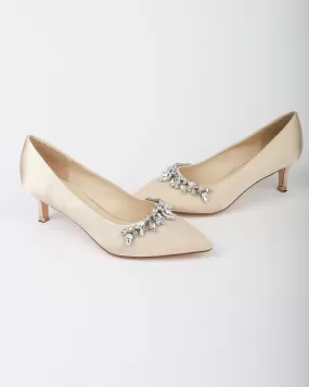 Champagne Satin Pointy Toe Pump Low Heel with Teardrop Rhinestones