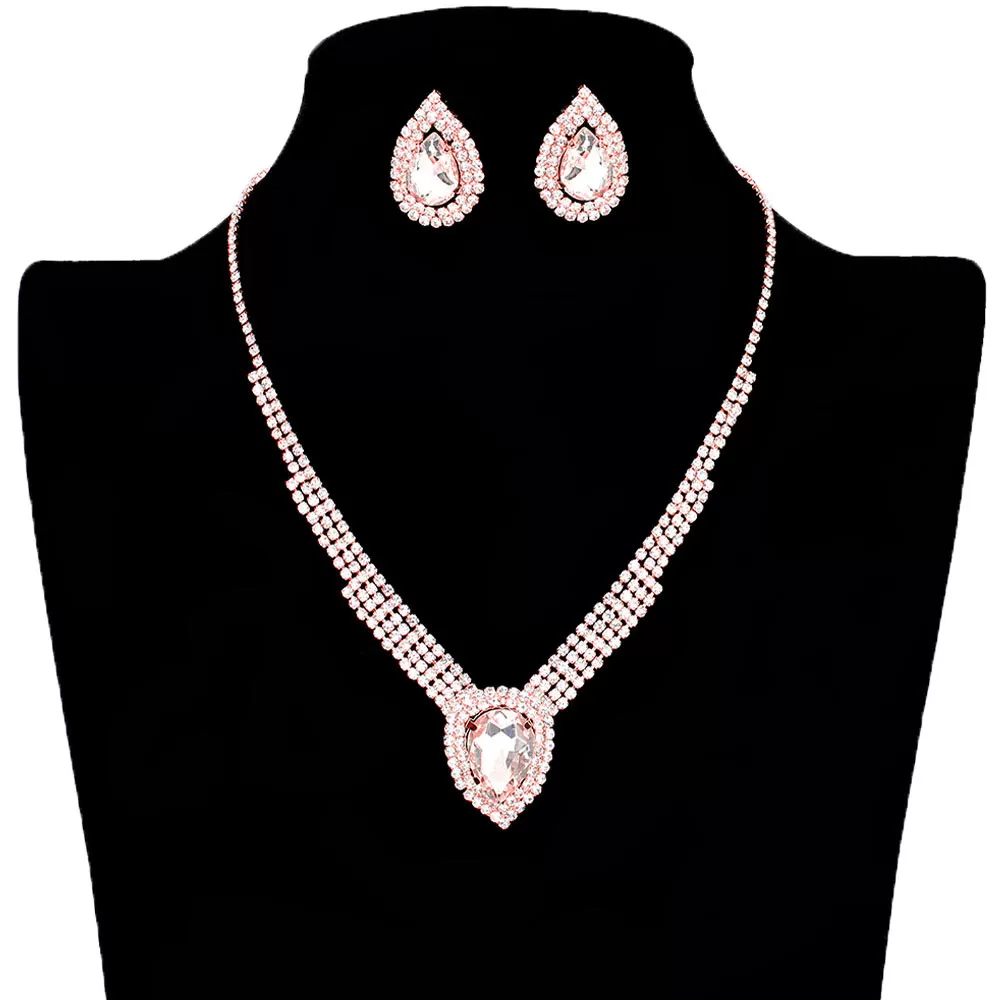 Crystal Teardrop Drop Rhinestone Necklace Earring Set