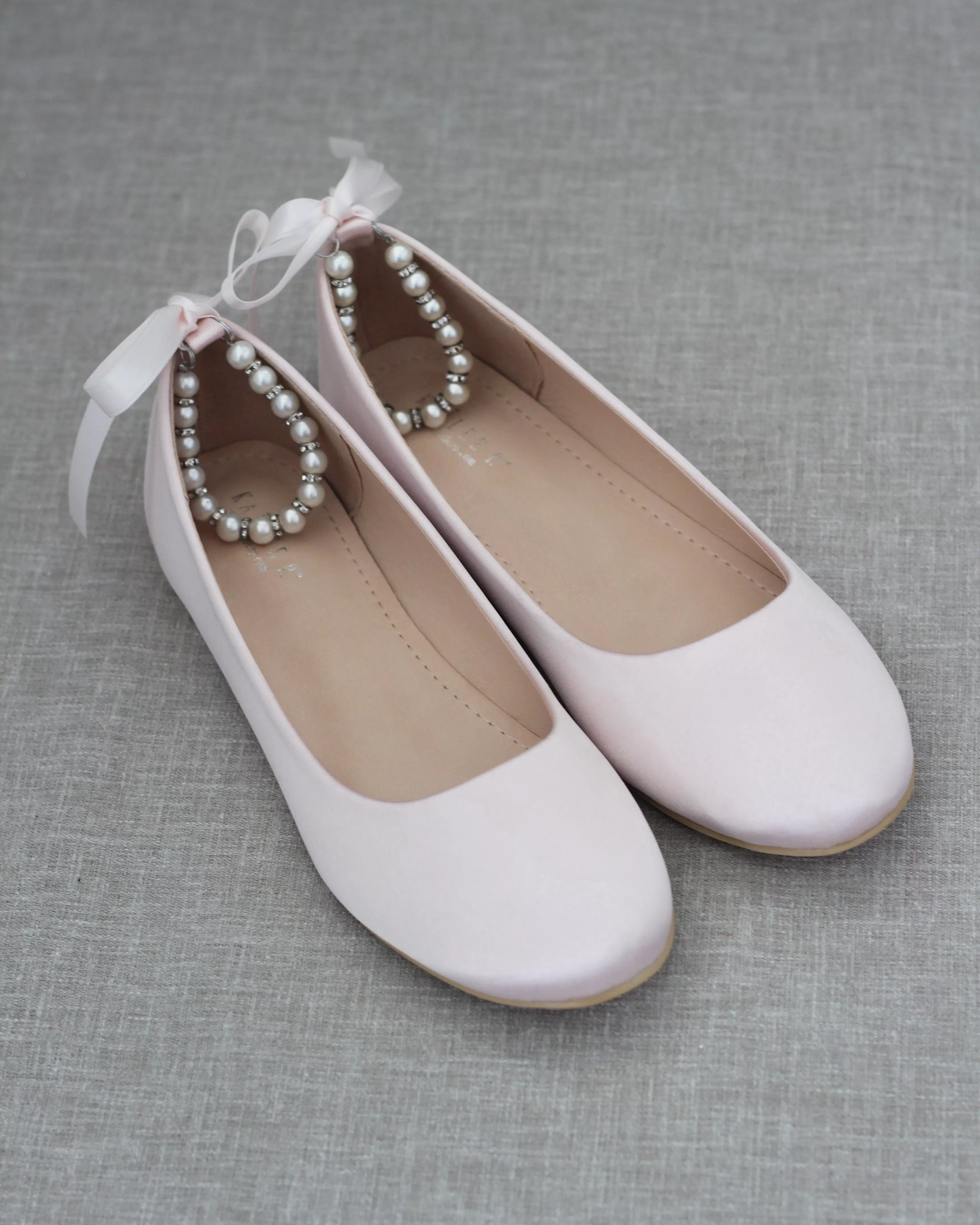 Dusty Pink Round Toe Evening Flat with Pearl Strap