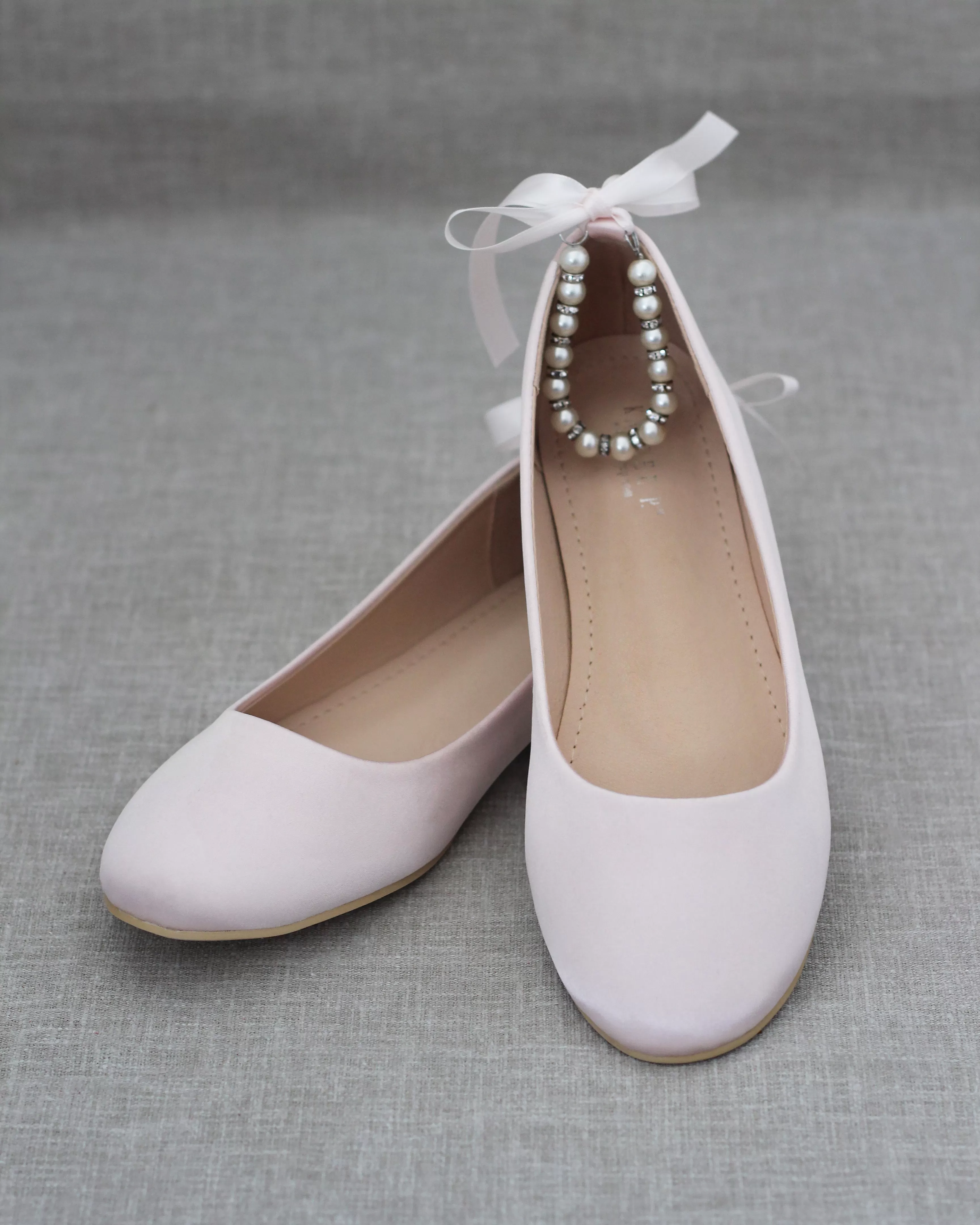 Dusty Pink Round Toe Evening Flat with Pearl Strap