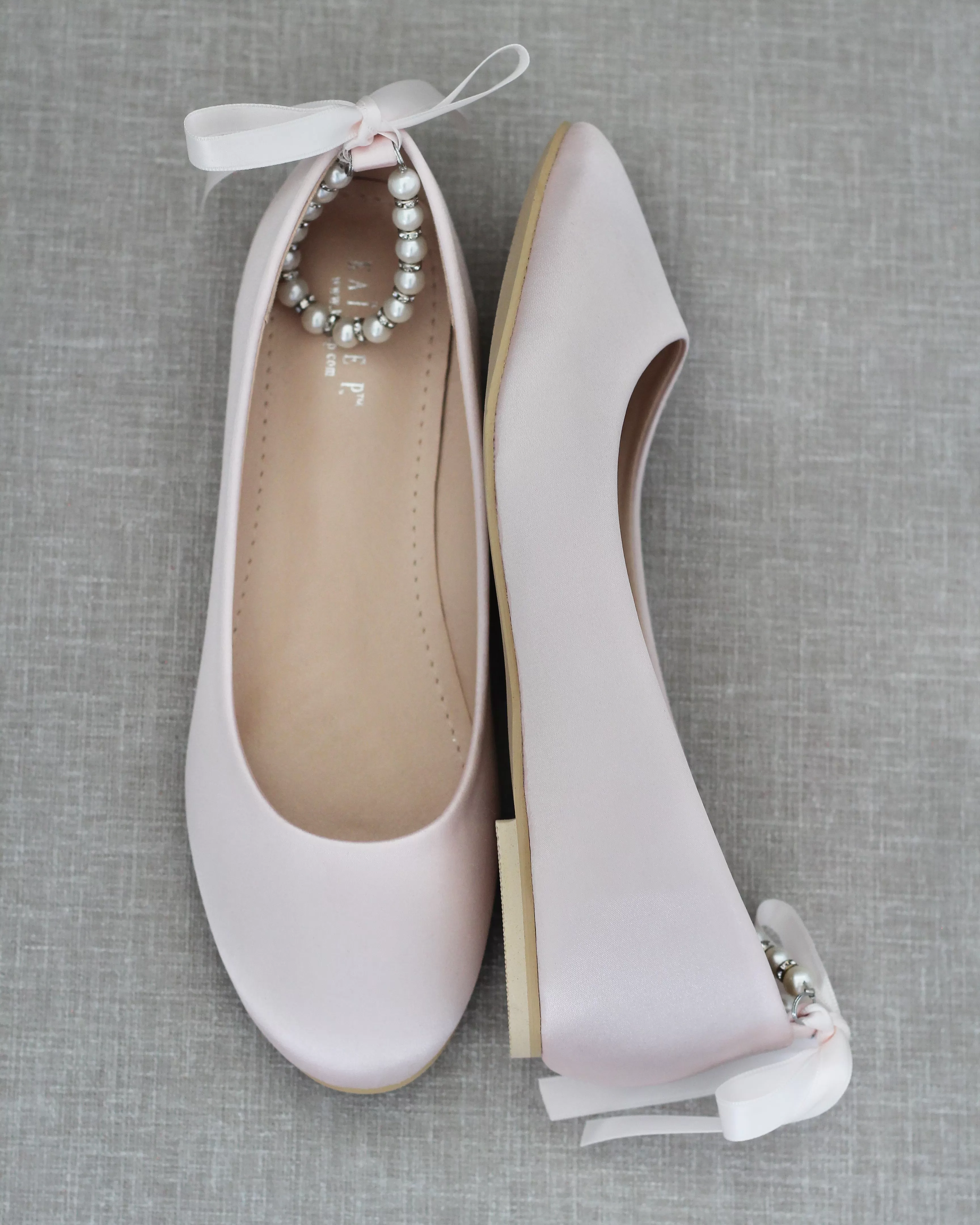 Dusty Pink Round Toe Evening Flat with Pearl Strap