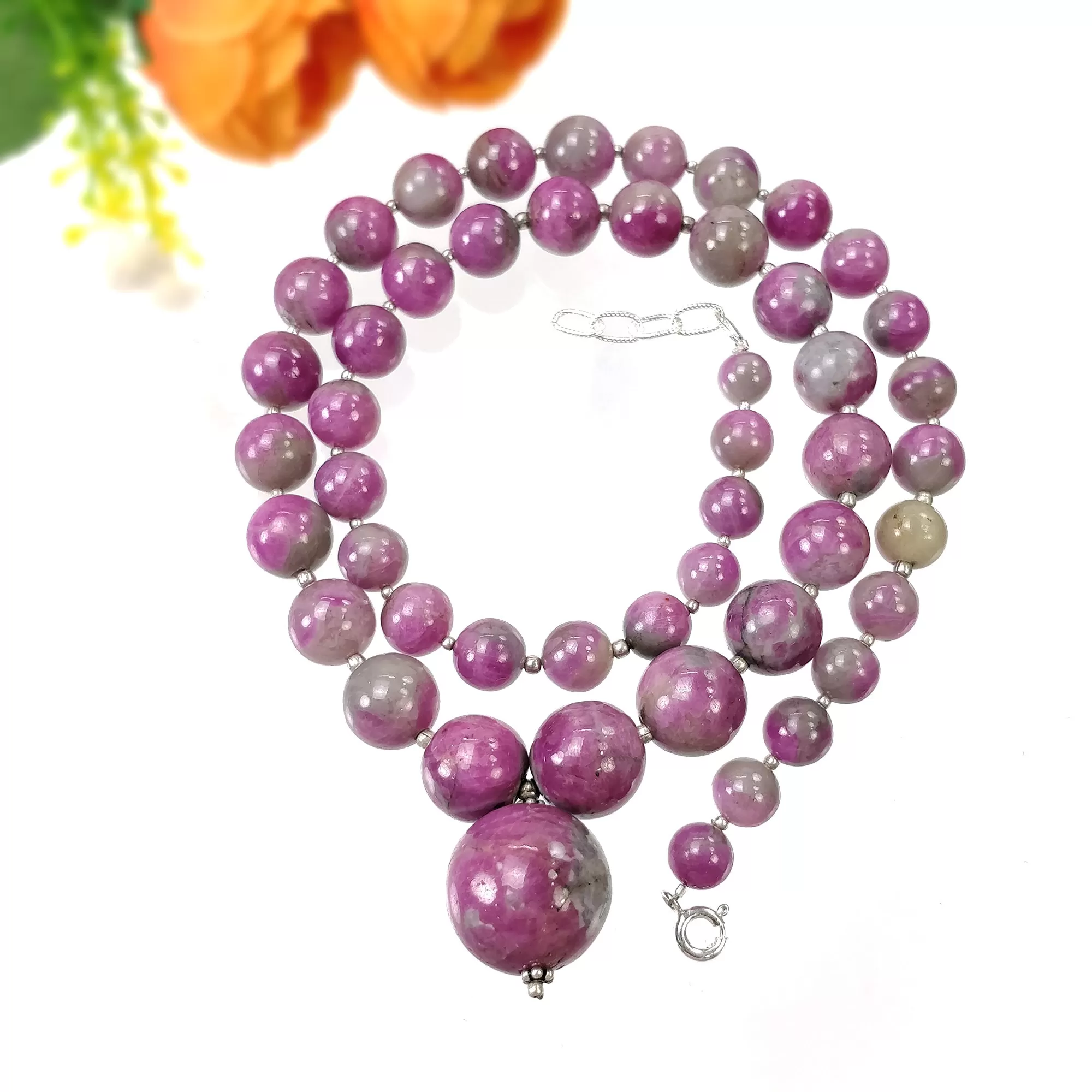 Global RUBY Gemstone NECKLACE: 437.35cts Natural Untreated Bi-Color Zoisite Ruby Balls With 925 Sterling Silver 7.5mm - 18mm 21"