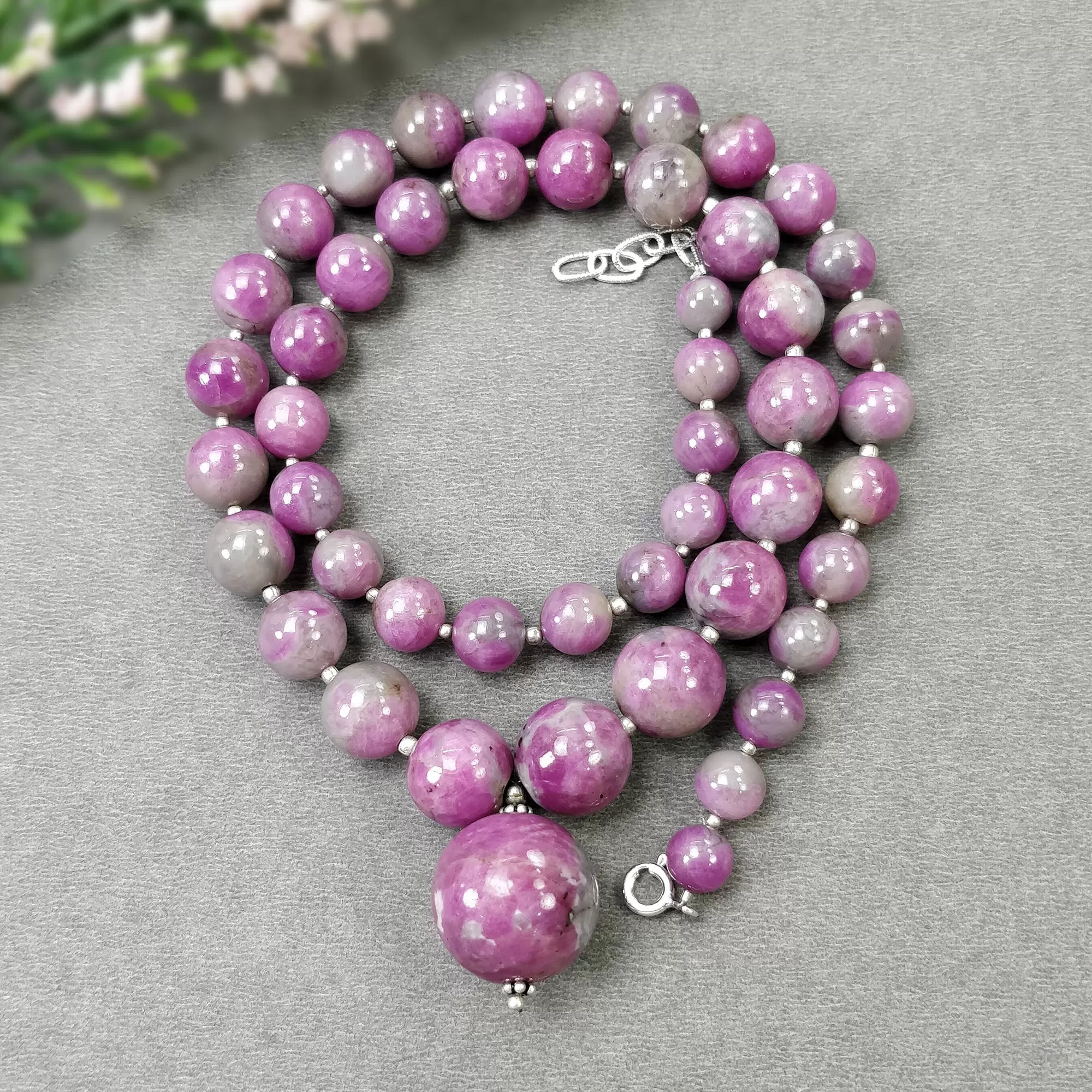 Global RUBY Gemstone NECKLACE: 437.35cts Natural Untreated Bi-Color Zoisite Ruby Balls With 925 Sterling Silver 7.5mm - 18mm 21"