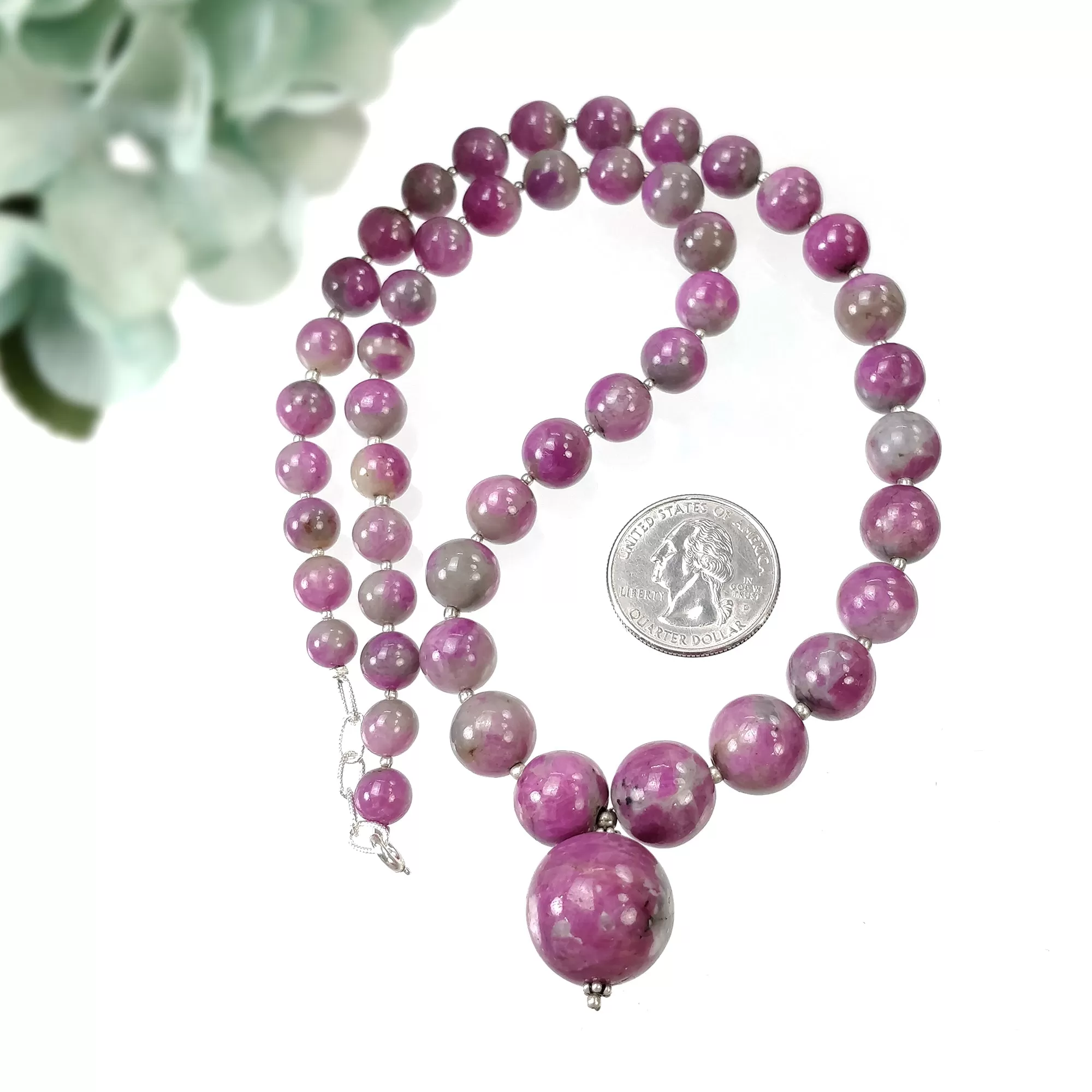 Global RUBY Gemstone NECKLACE: 437.35cts Natural Untreated Bi-Color Zoisite Ruby Balls With 925 Sterling Silver 7.5mm - 18mm 21"