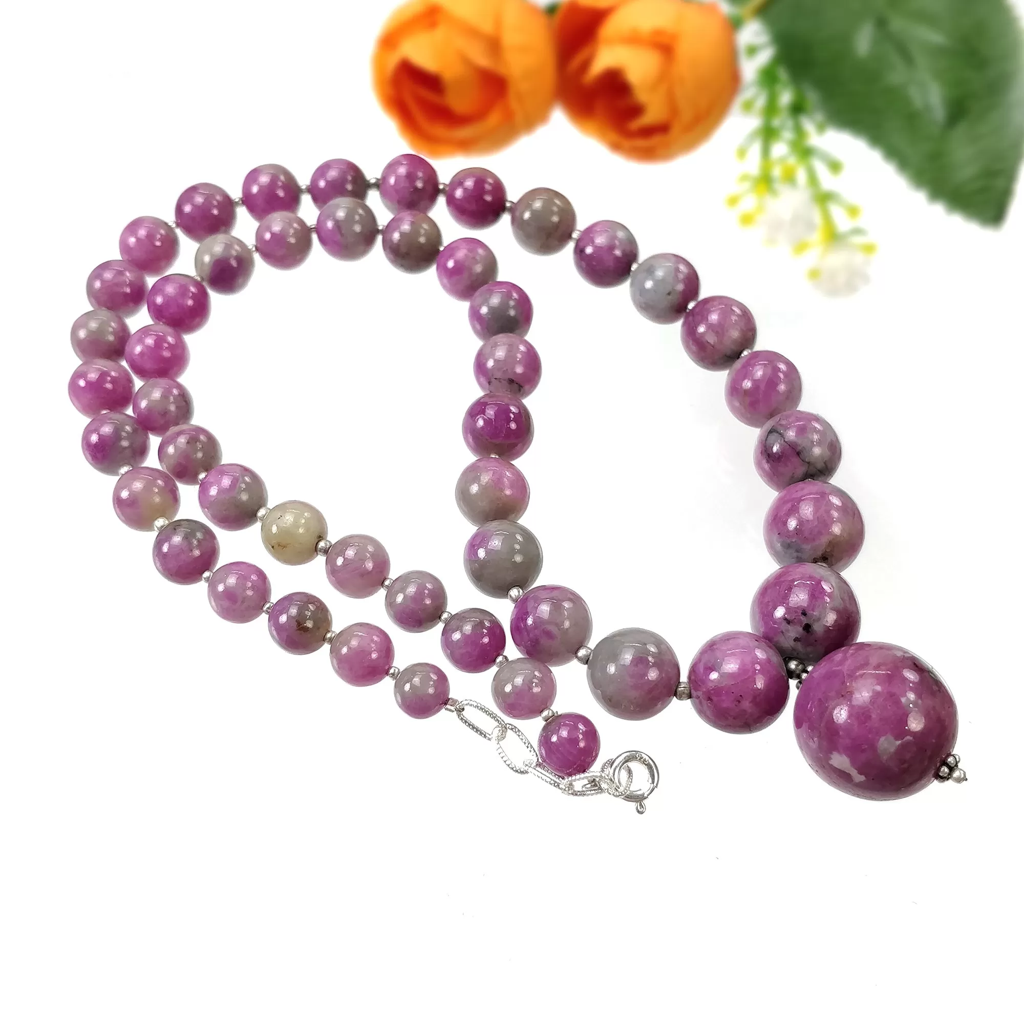 Global RUBY Gemstone NECKLACE: 437.35cts Natural Untreated Bi-Color Zoisite Ruby Balls With 925 Sterling Silver 7.5mm - 18mm 21"