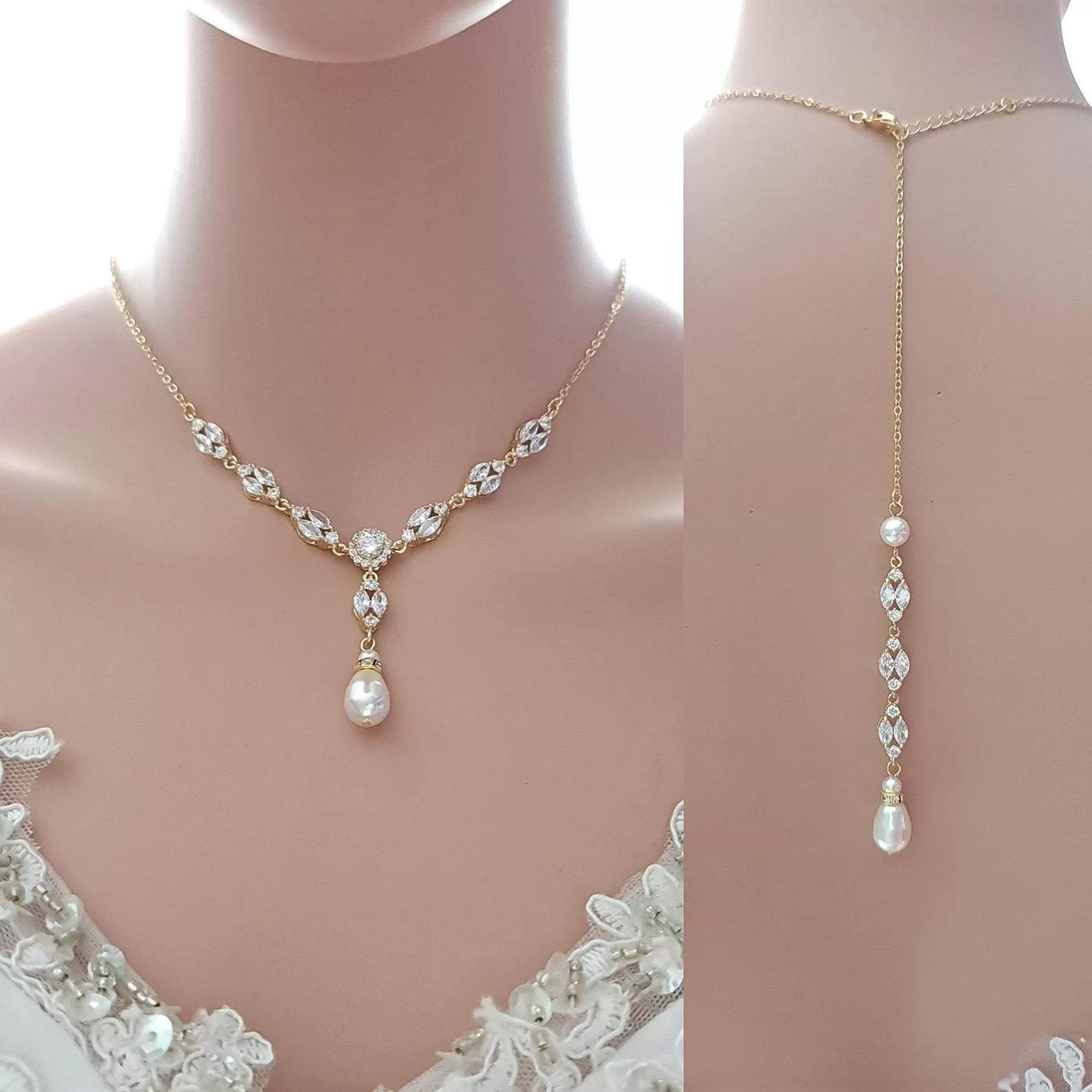 Gold Bridal Jewelry Set with Pearl Crystal Earrings Back Necklace Bracelet Set-Hayley