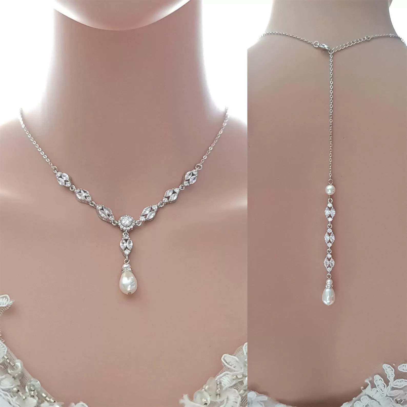 Gold Bridal Jewelry Set with Pearl Crystal Earrings Back Necklace Bracelet Set-Hayley