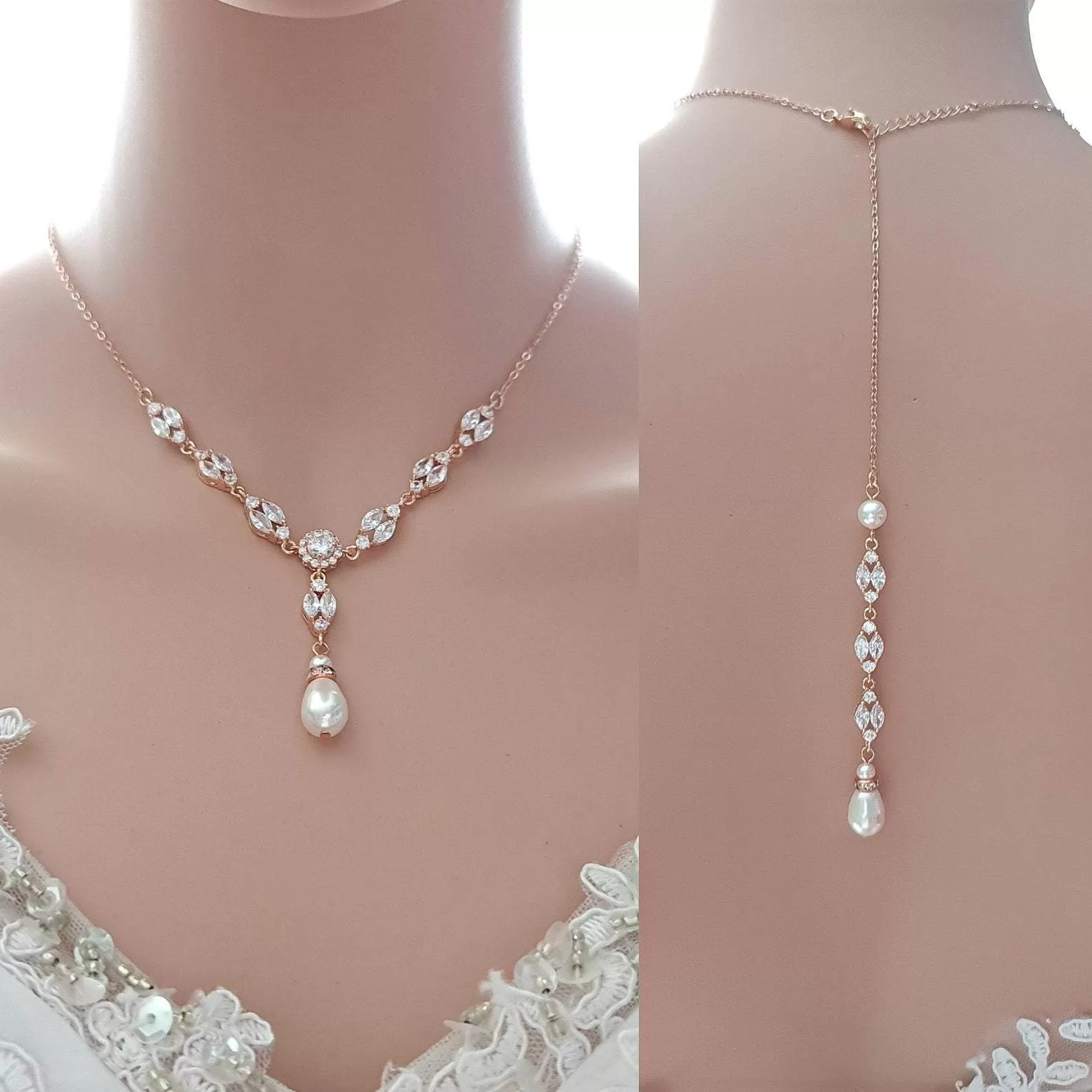 Gold Bridal Jewelry Set with Pearl Crystal Earrings Back Necklace Bracelet Set-Hayley