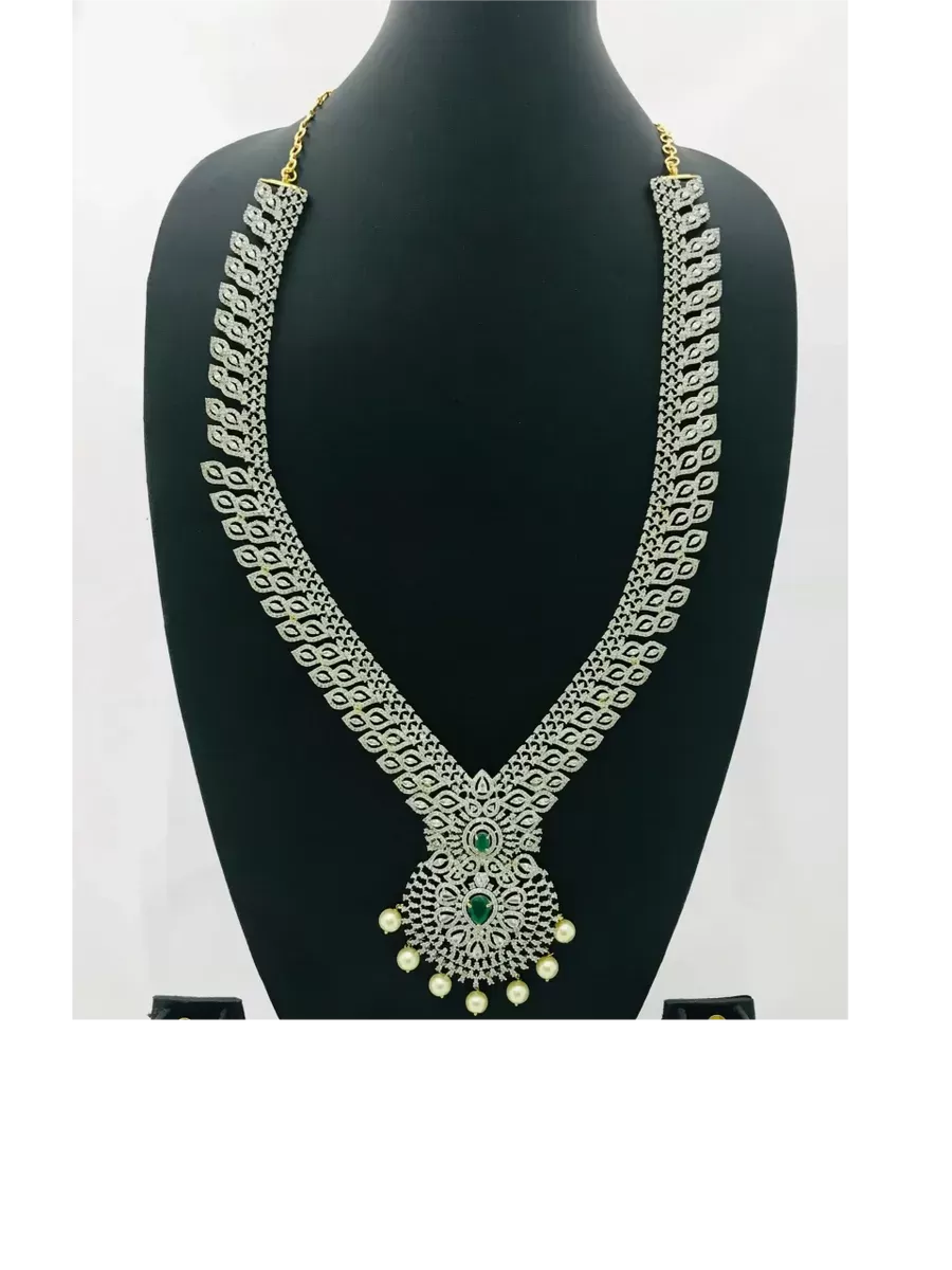 Gorgeous South Indian Bridal Long American Diamond Haram With Designer Pendant