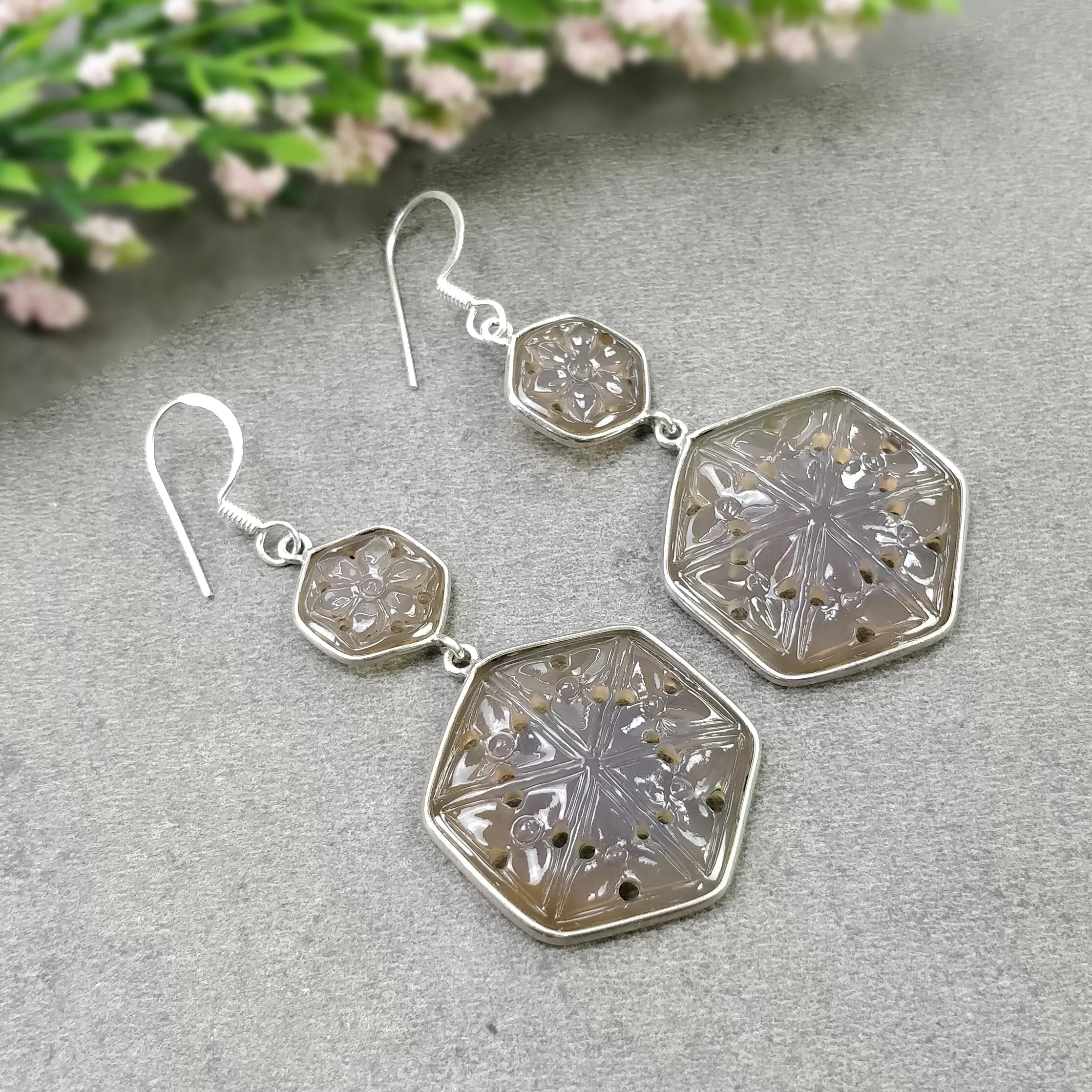 GRAY ONYX Gemstone Earring : 11.15gms 925 Sterling Silver Hexagon Shape Hand Carved Bezel Set Drop Dangle Hook Earring 2.75"