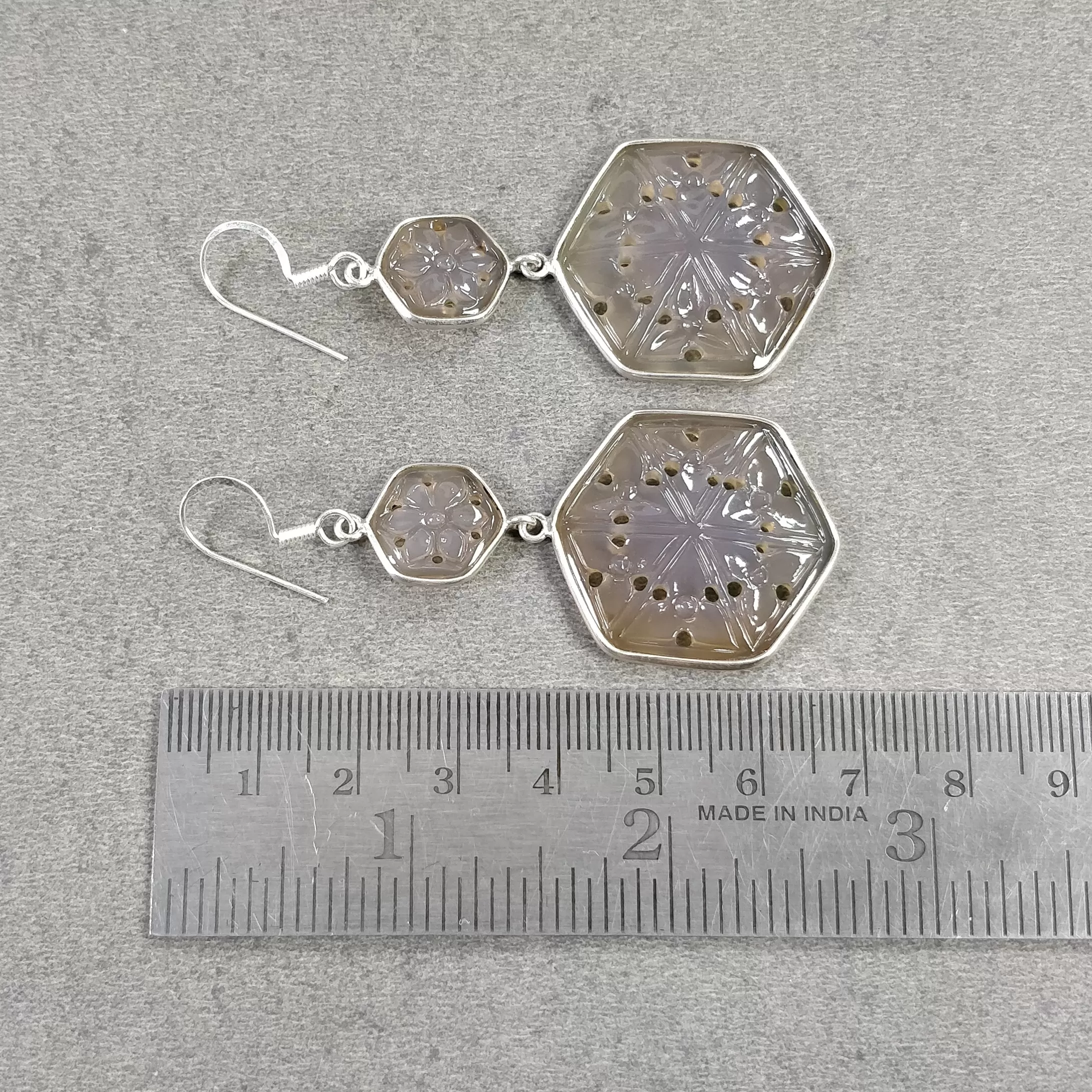 GRAY ONYX Gemstone Earring : 11.15gms 925 Sterling Silver Hexagon Shape Hand Carved Bezel Set Drop Dangle Hook Earring 2.75"