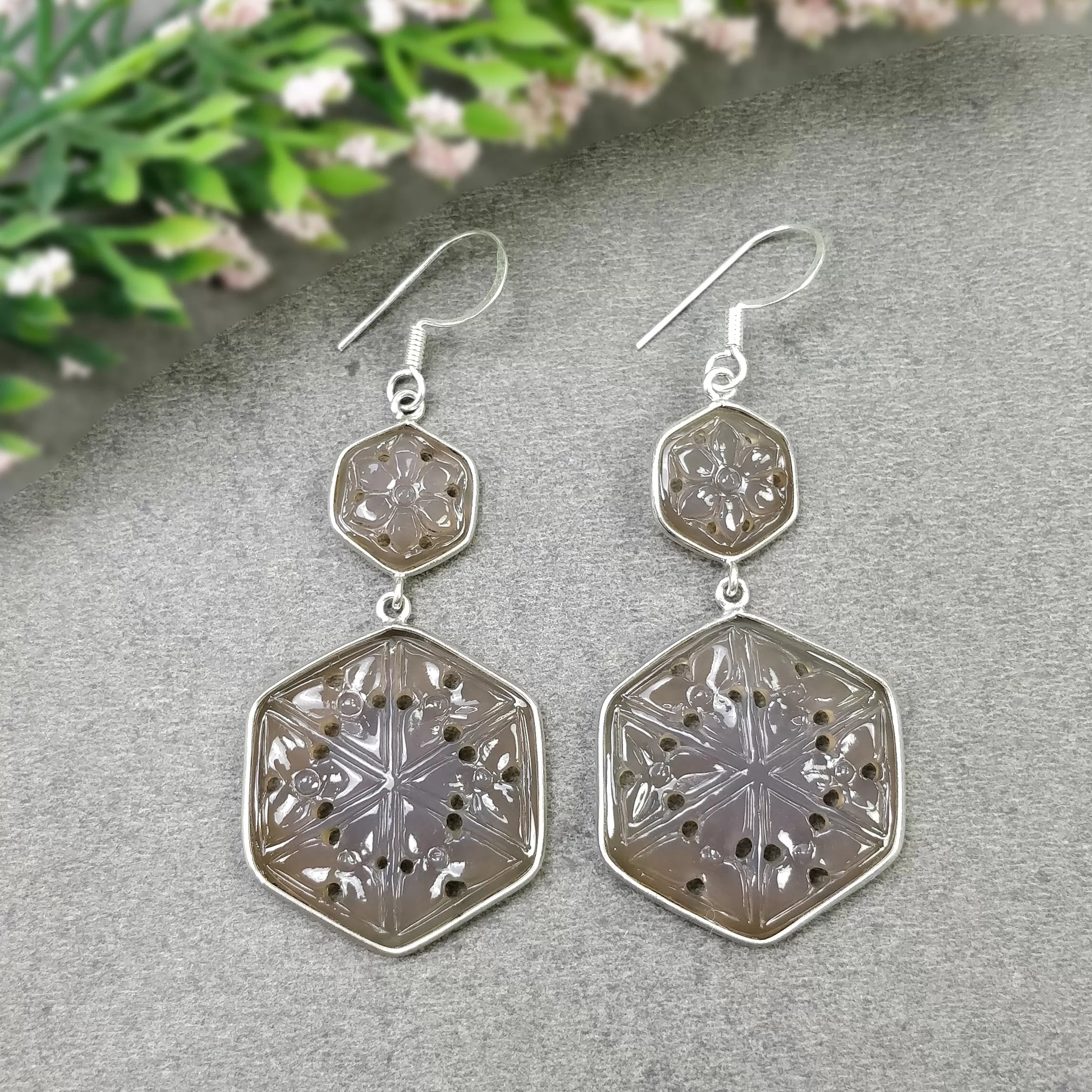 GRAY ONYX Gemstone Earring : 11.15gms 925 Sterling Silver Hexagon Shape Hand Carved Bezel Set Drop Dangle Hook Earring 2.75"