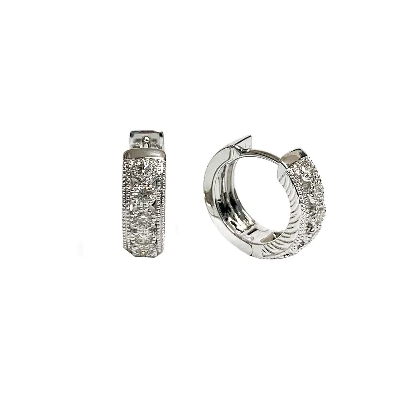 Huggie Hoops with Round Bezel Set Diamonds and Milgrain