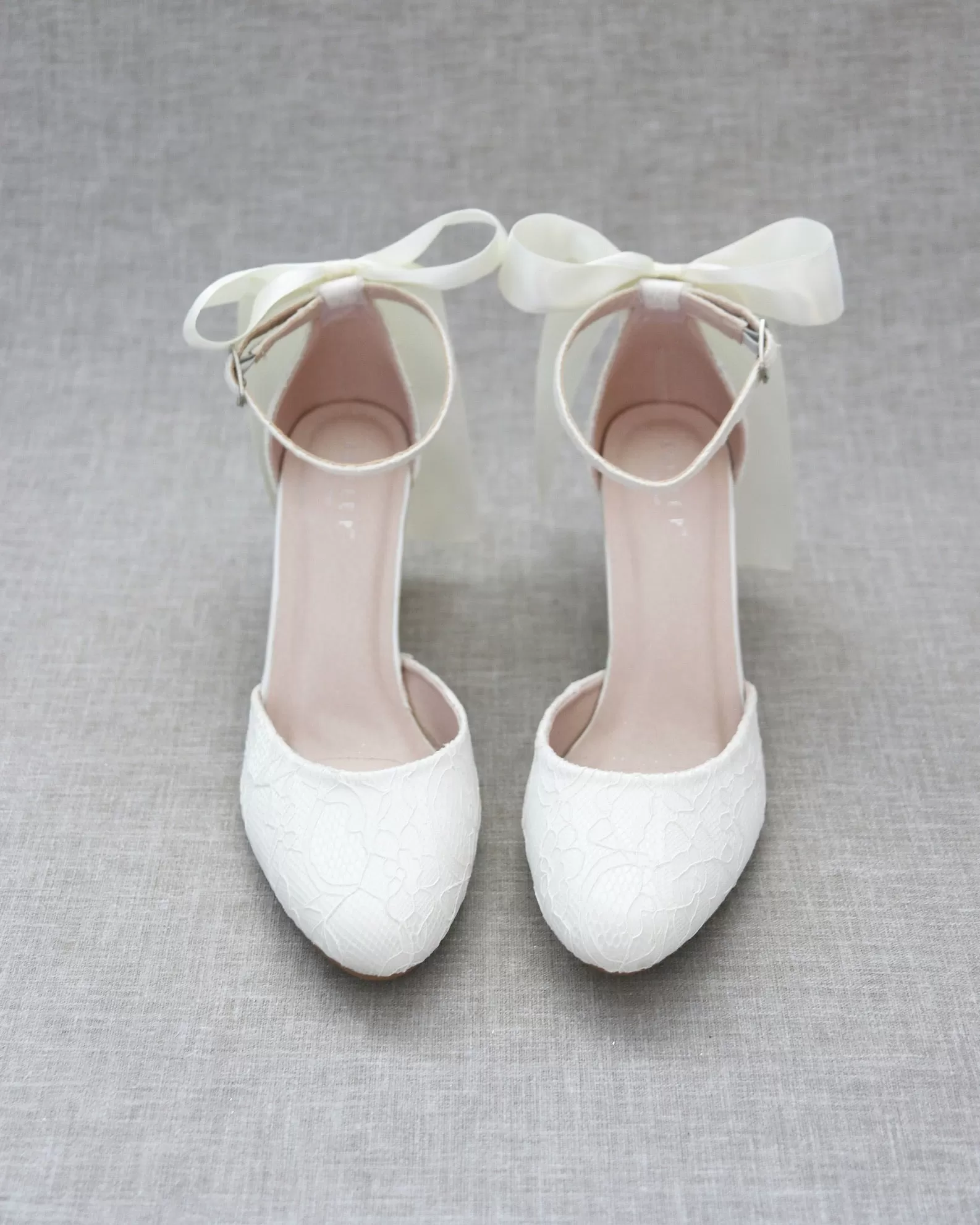 Ivory Lace Block Heel with Satin Back Bow