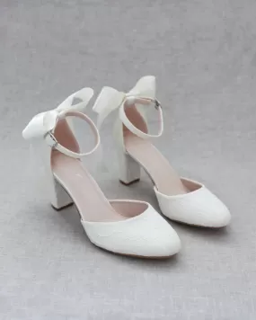 Ivory Lace Block Heel with Satin Back Bow