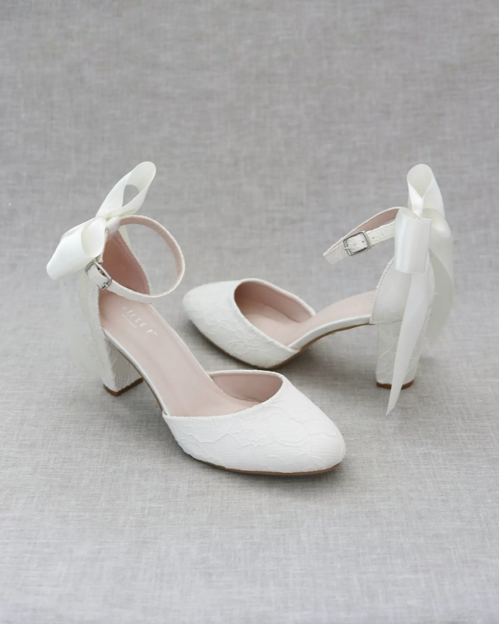 Ivory Lace Block Heel with Satin Back Bow