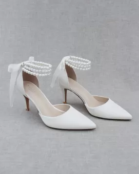 ivory Satin Bridal Shoes with Trinity Pearl Wrap