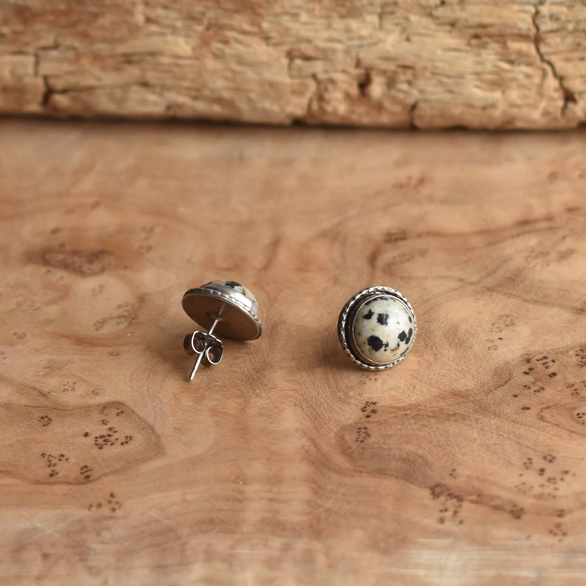 Large Hammered Posts - Dalmation Jasper Posts - Spotted Jasper Studs - 925 Sterling Silver