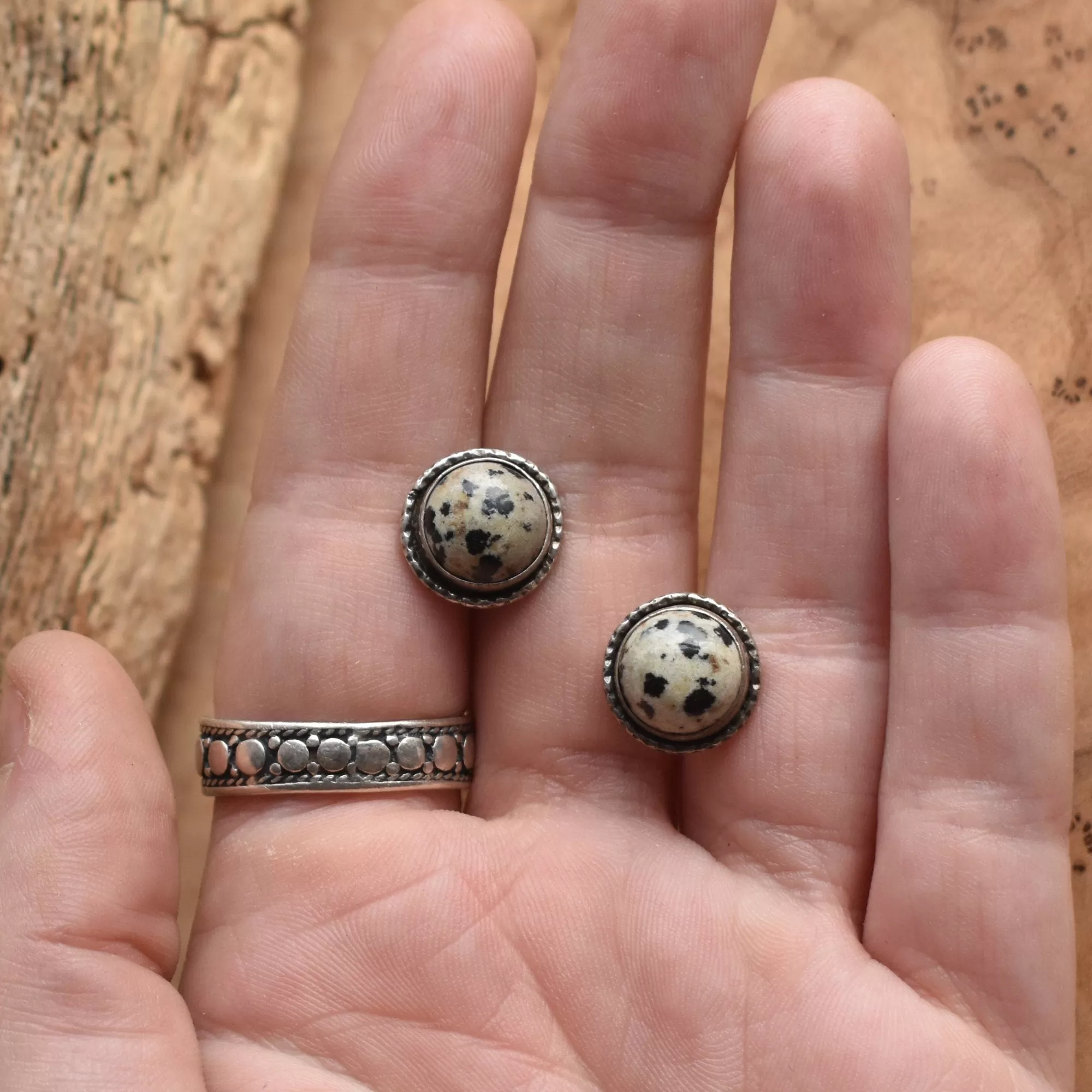 Large Hammered Posts - Dalmation Jasper Posts - Spotted Jasper Studs - 925 Sterling Silver