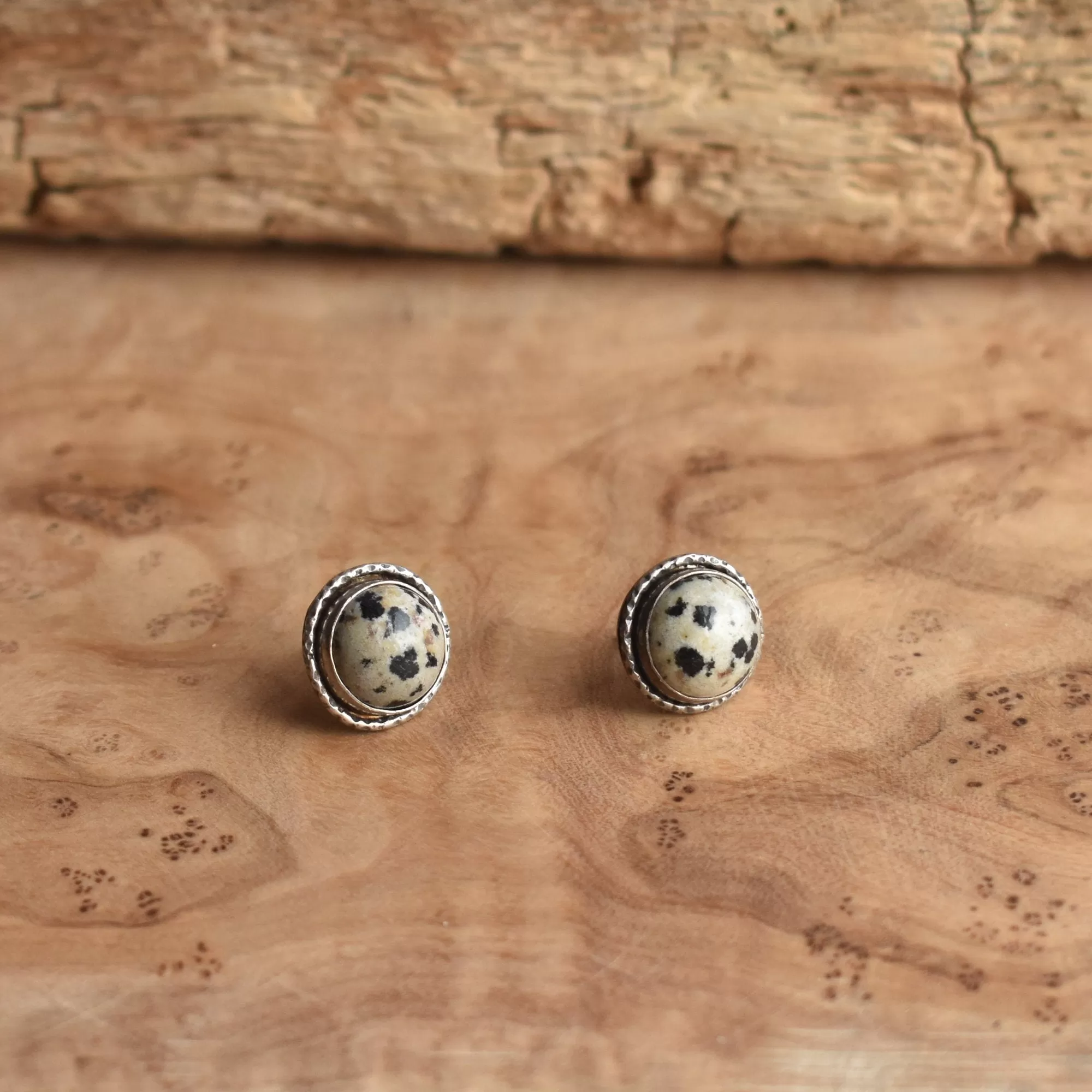 Large Hammered Posts - Dalmation Jasper Posts - Spotted Jasper Studs - 925 Sterling Silver