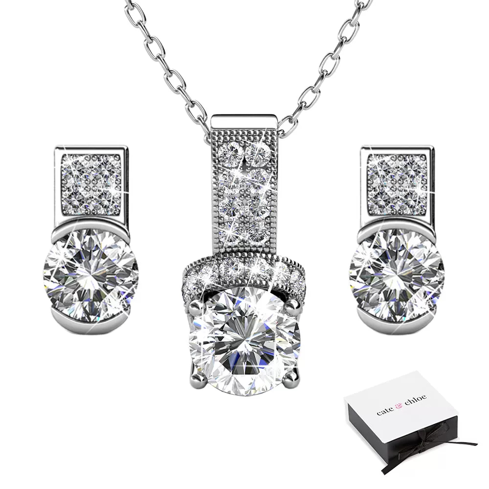 Laya Ruler 18k White Gold Swarovski Pendant Necklace and Earrings Jewelry Set