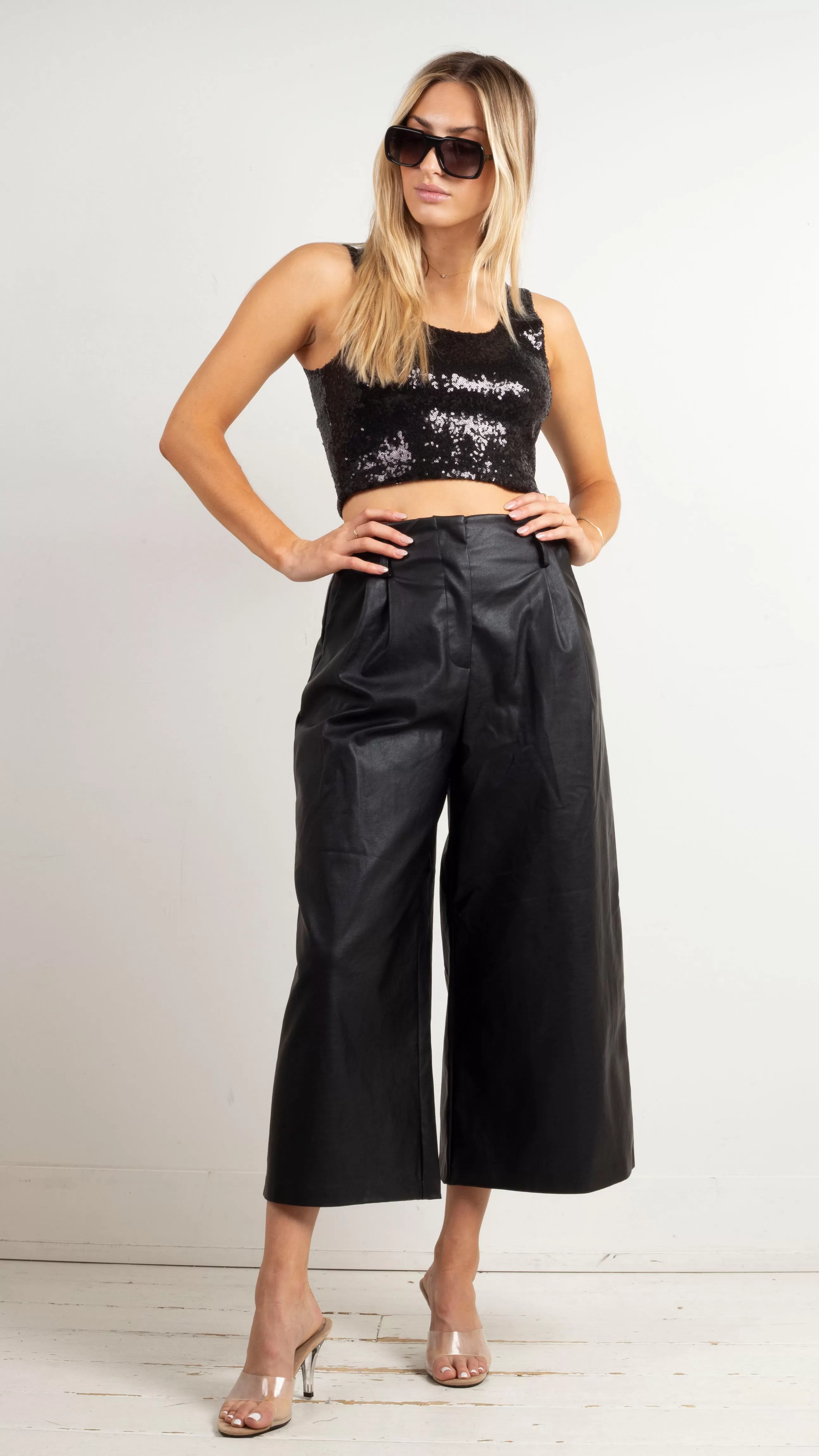 Meghan Faux Leather Wide Leg Pants - Black