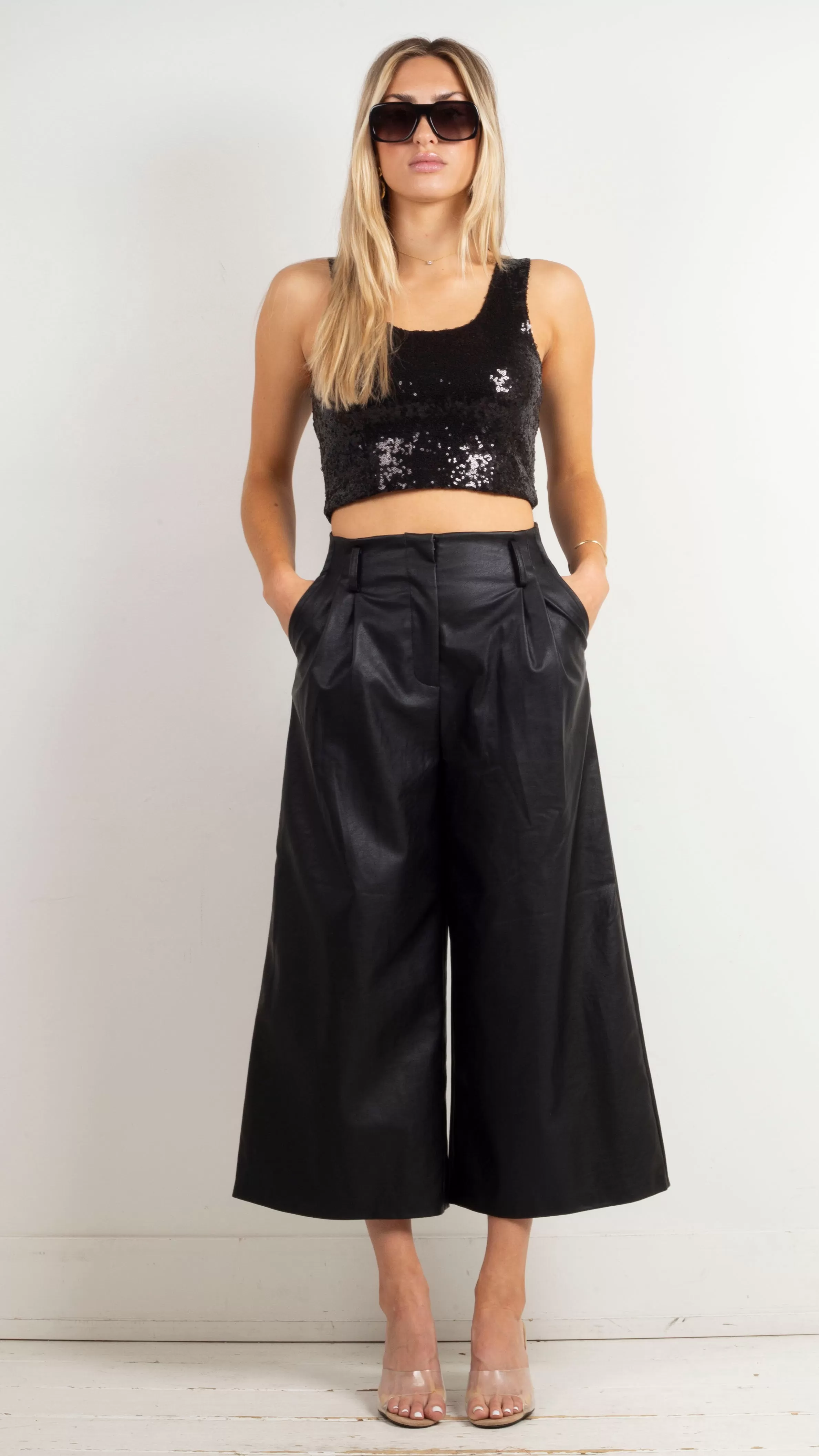 Meghan Faux Leather Wide Leg Pants - Black