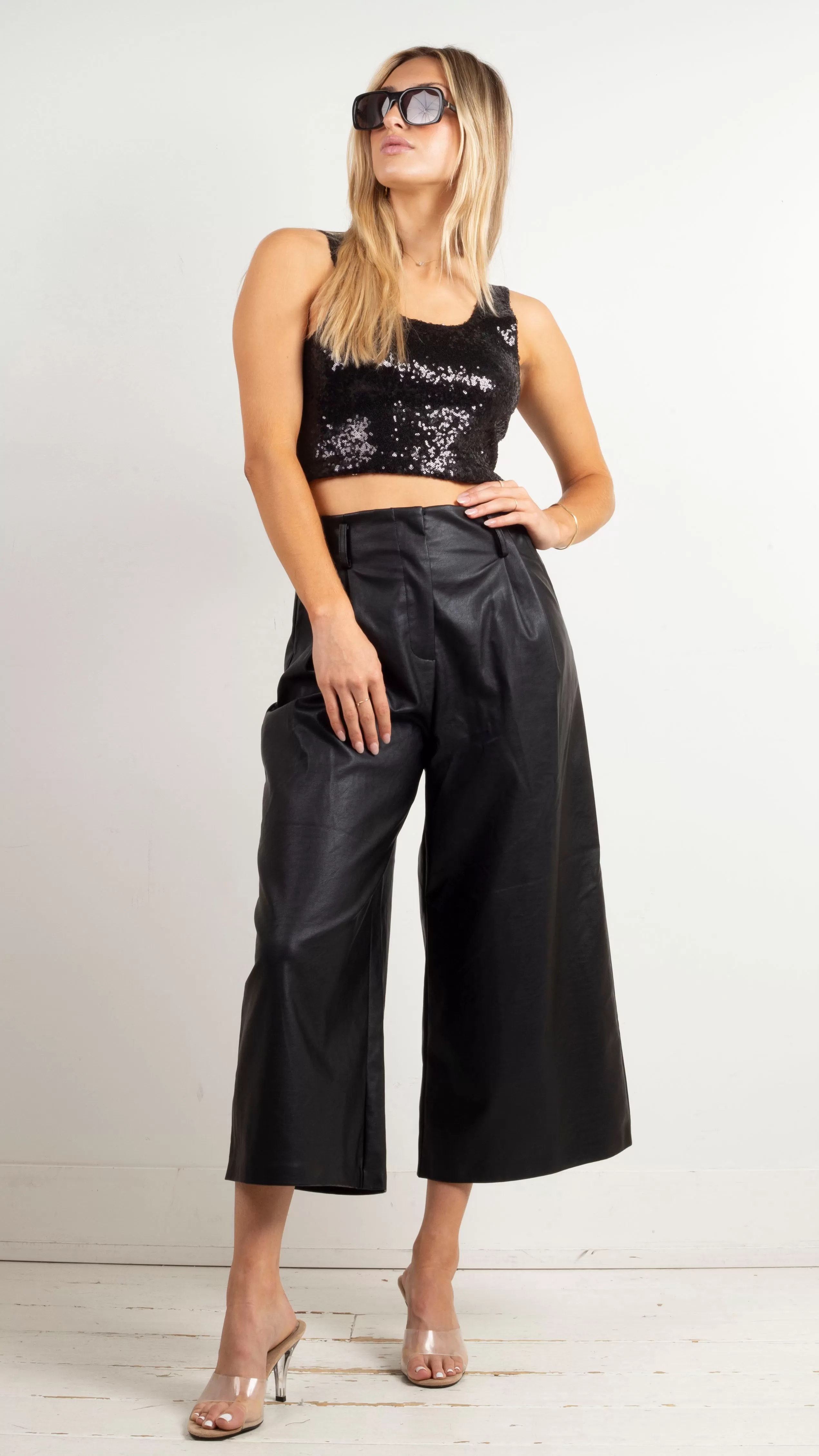 Meghan Faux Leather Wide Leg Pants - Black