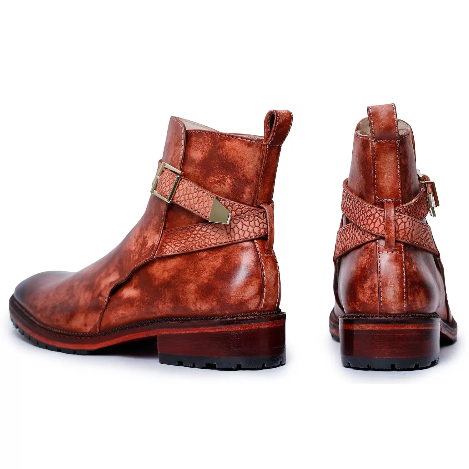 Mens Cross Strap Boots- Reddish Brown