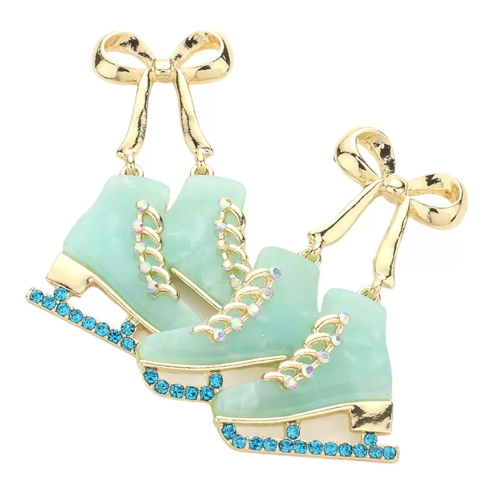 Metal Bow Stone Embellished Celluloid Acetate Skate Earrings