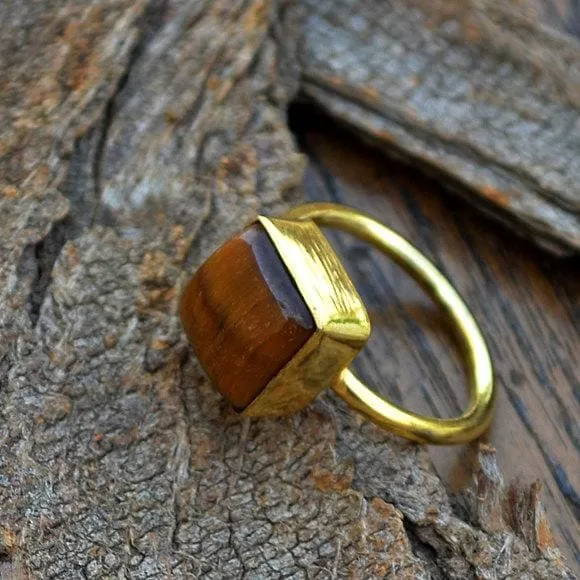 Natural Tiger Eye Gemstone Gold Ring, 14k Yellow Gold Tiger Eye Ring, Wedding Ring