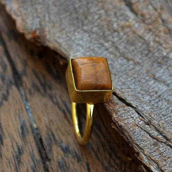 Natural Tiger Eye Gemstone Gold Ring, 14k Yellow Gold Tiger Eye Ring, Wedding Ring