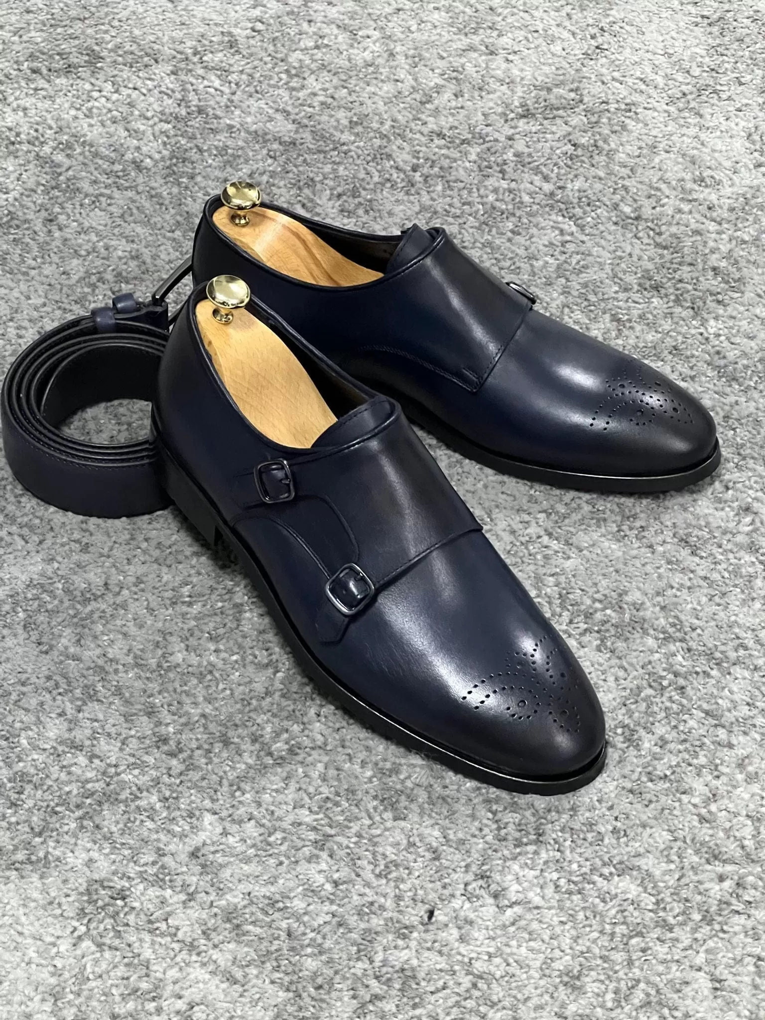 Neolite Sole Double Monk Strap Navy Blue Classic Shoes