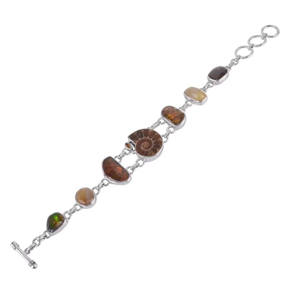 Newest And Unique Design! Real Ammolite And Ammonite Multi Gemstone Sterling Silver Birthstone Bracelet Jewelry