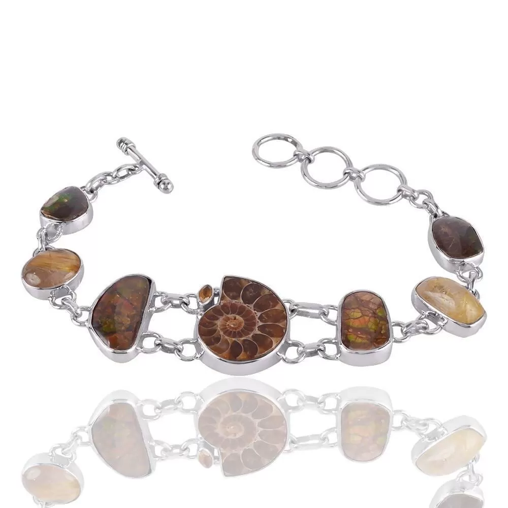 Newest And Unique Design! Real Ammolite And Ammonite Multi Gemstone Sterling Silver Birthstone Bracelet Jewelry